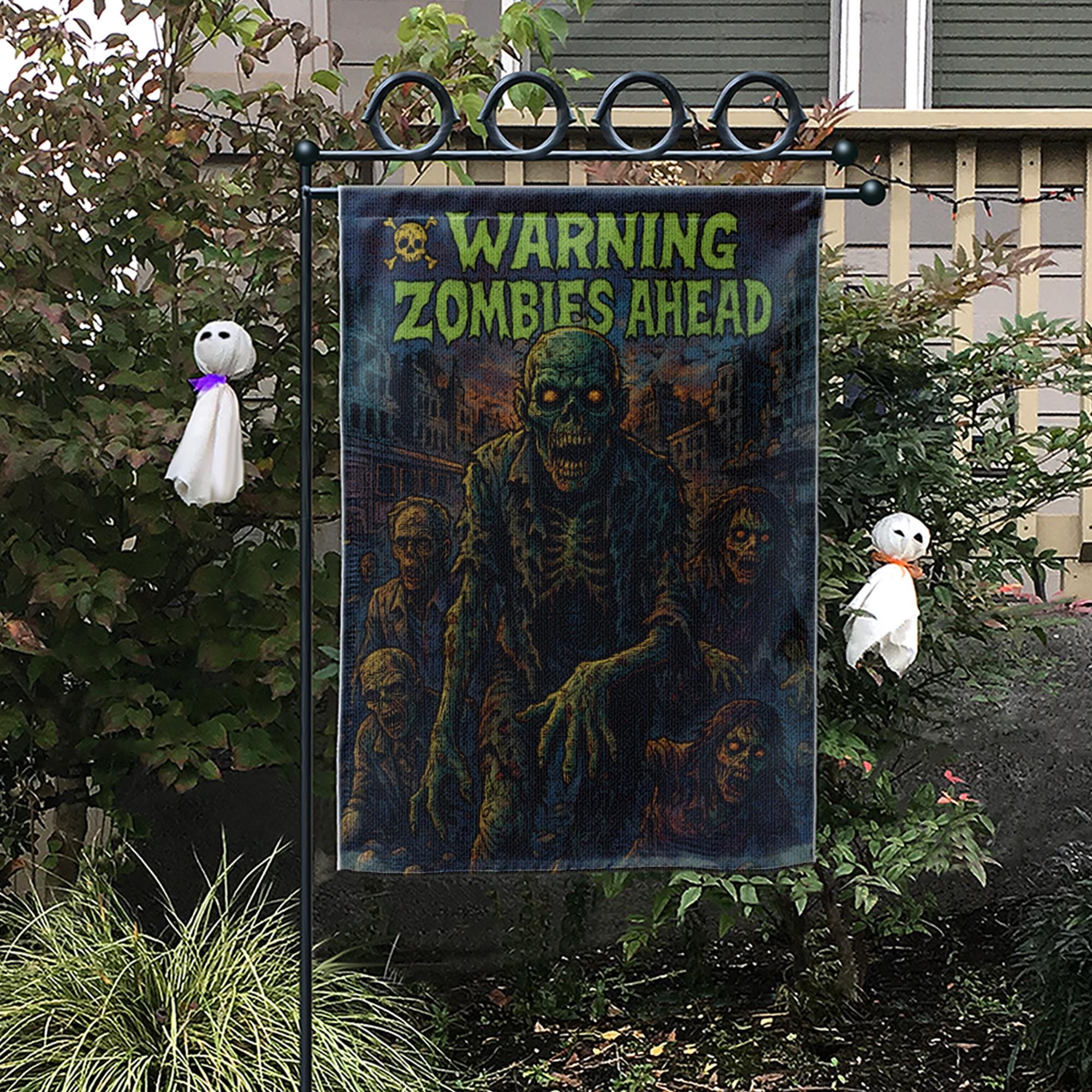 Warning Zombies Ahead Garden Flag, Spooky Halloween Yard Decor, Outdoor Horror Sign, Undead Apocalypse Decoration, Double Sided Welcome Flag