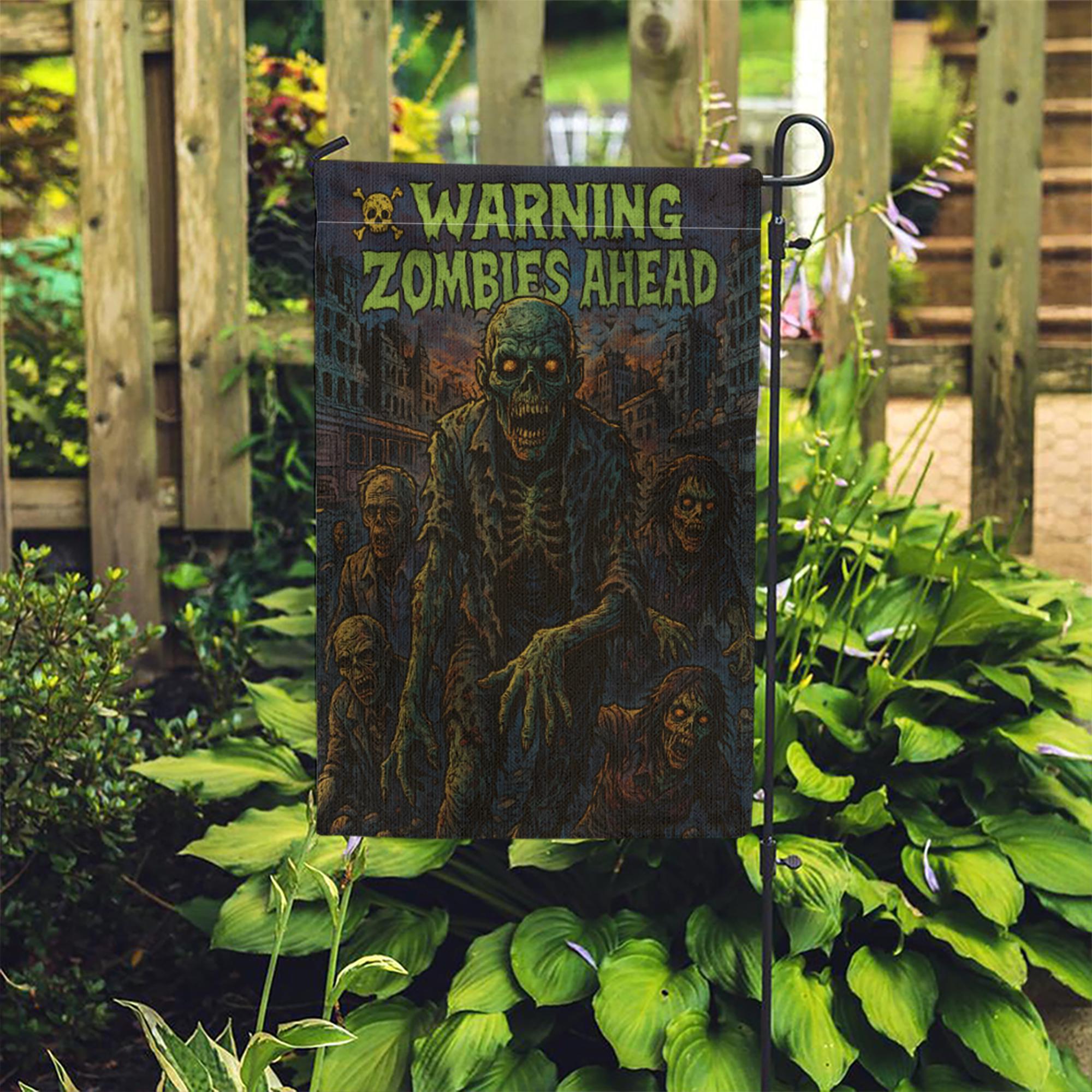 Warning Zombies Ahead Garden Flag, Spooky Halloween Yard Decor, Outdoor Horror Sign, Undead Apocalypse Decoration, Double Sided Welcome Flag