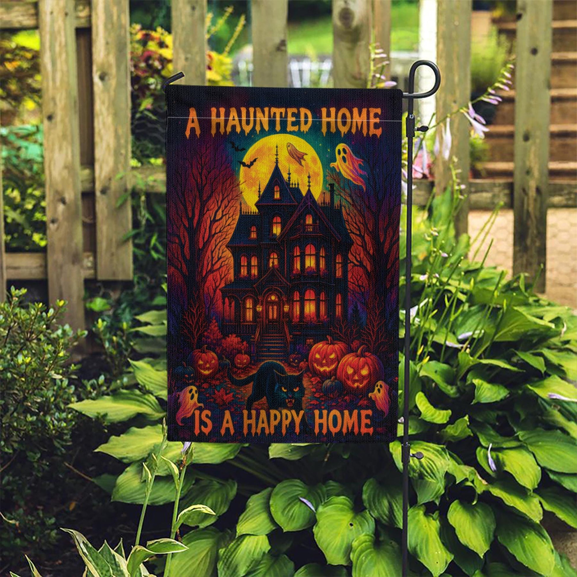 Haunted House Garden Flag – Halloween Yard Decor with Ghosts, Pumpkins & Black Cat