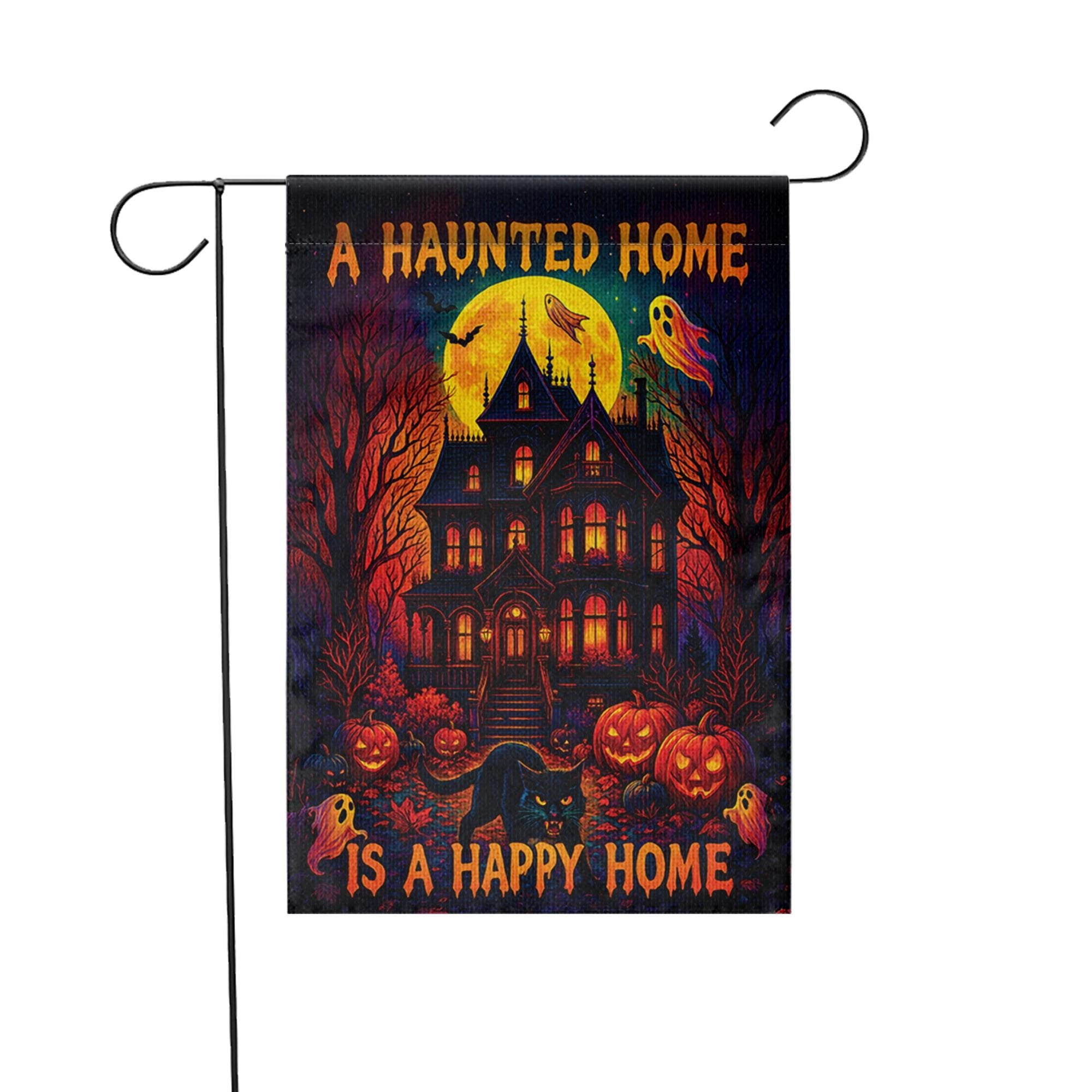 Haunted House Garden Flag – Halloween Yard Decor with Ghosts, Pumpkins & Black Cat