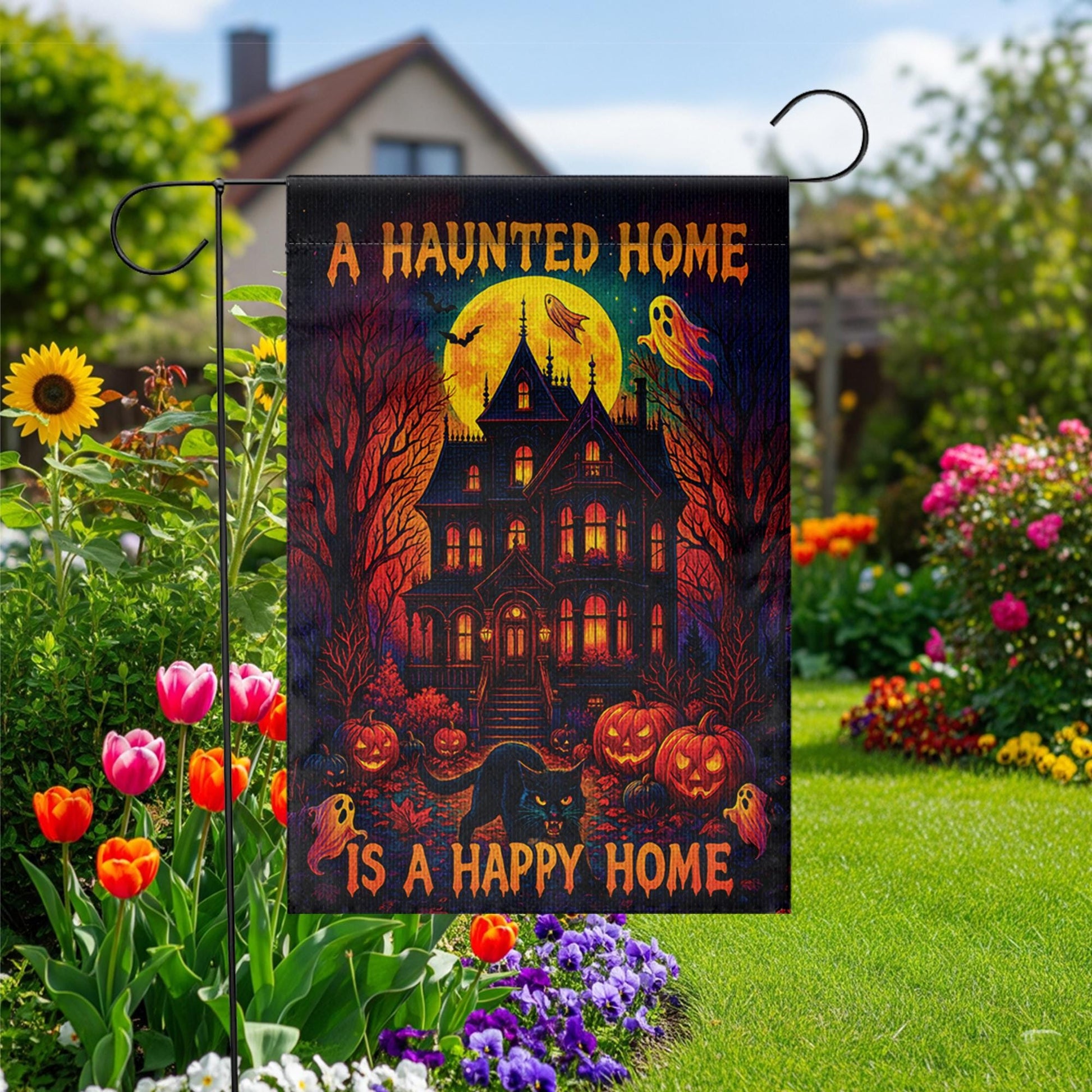 Haunted House Garden Flag – Halloween Yard Decor with Ghosts, Pumpkins & Black Cat