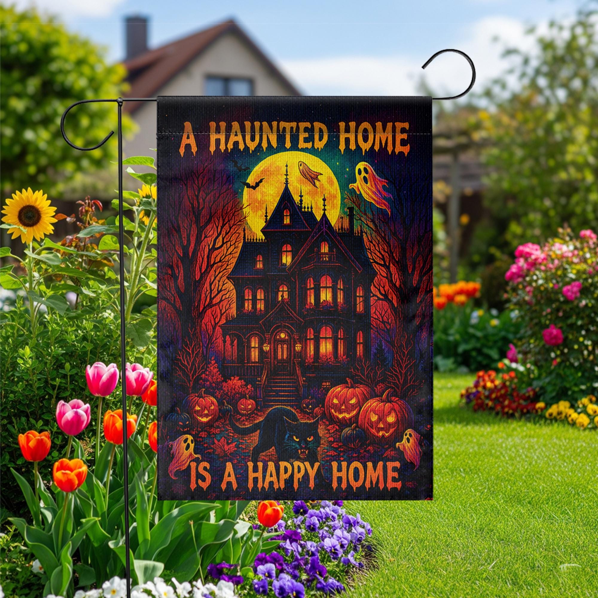Haunted House Garden Flag – Halloween Yard Decor with Ghosts, Pumpkins & Black Cat
