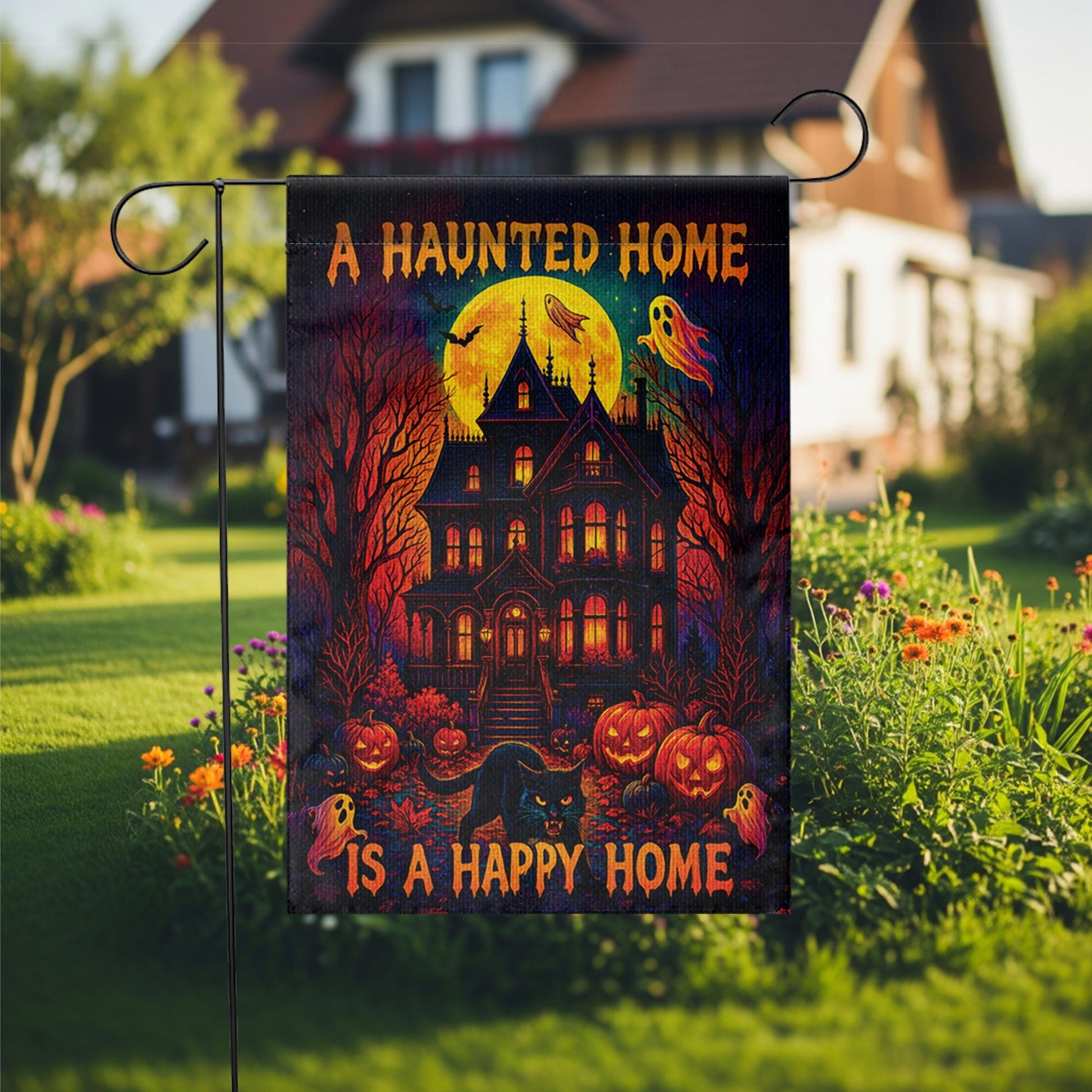Haunted House Garden Flag – Halloween Yard Decor with Ghosts, Pumpkins & Black Cat