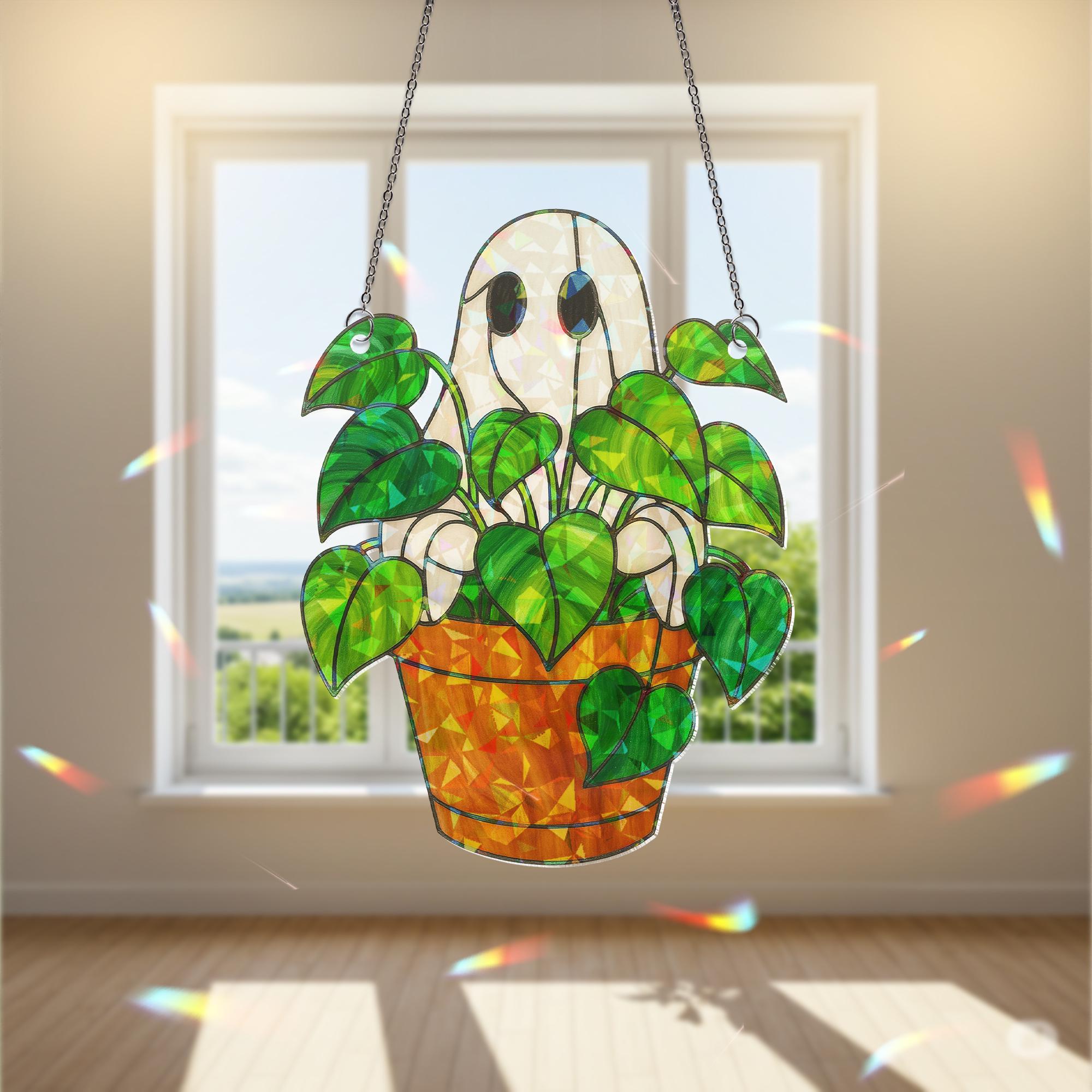 Ghost Plant Acrylic Hologram Decor, Holographic Decor, Spooky Houseplant Ornament, Halloween Ghost Pot Hanger Gift