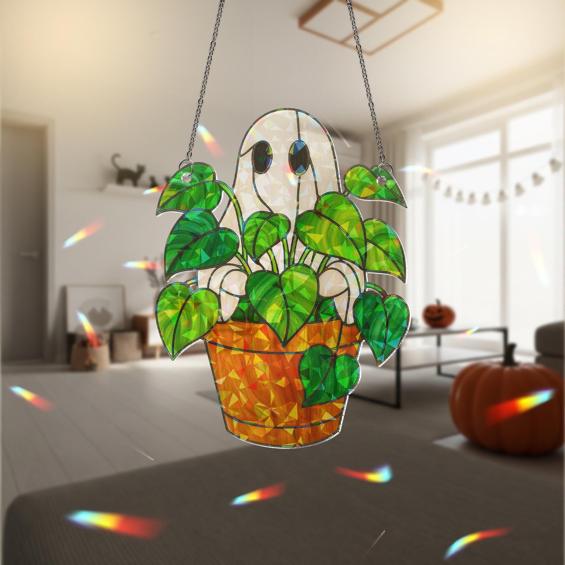 Ghost Plant Acrylic Hologram Decor, Holographic Decor, Spooky Houseplant Ornament, Halloween Ghost Pot Hanger Gift