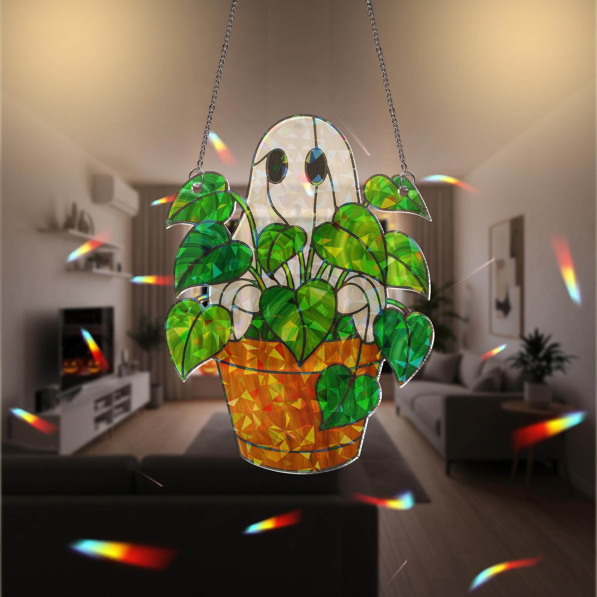 Ghost Plant Acrylic Hologram Decor, Holographic Decor, Spooky Houseplant Ornament, Halloween Ghost Pot Hanger Gift