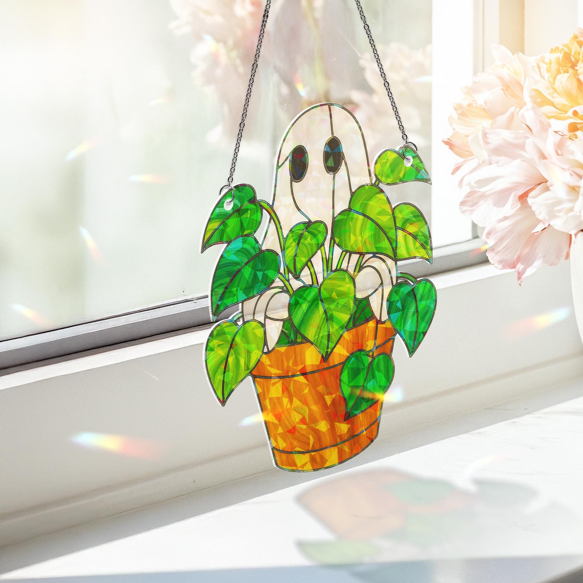 Ghost Plant Acrylic Hologram Decor, Holographic Decor, Spooky Houseplant Ornament, Halloween Ghost Pot Hanger Gift