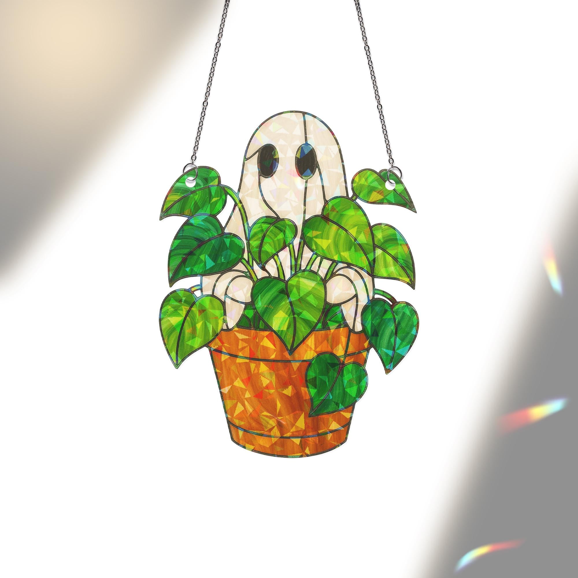 Ghost Plant Acrylic Hologram Decor, Holographic Decor, Spooky Houseplant Ornament, Halloween Ghost Pot Hanger Gift