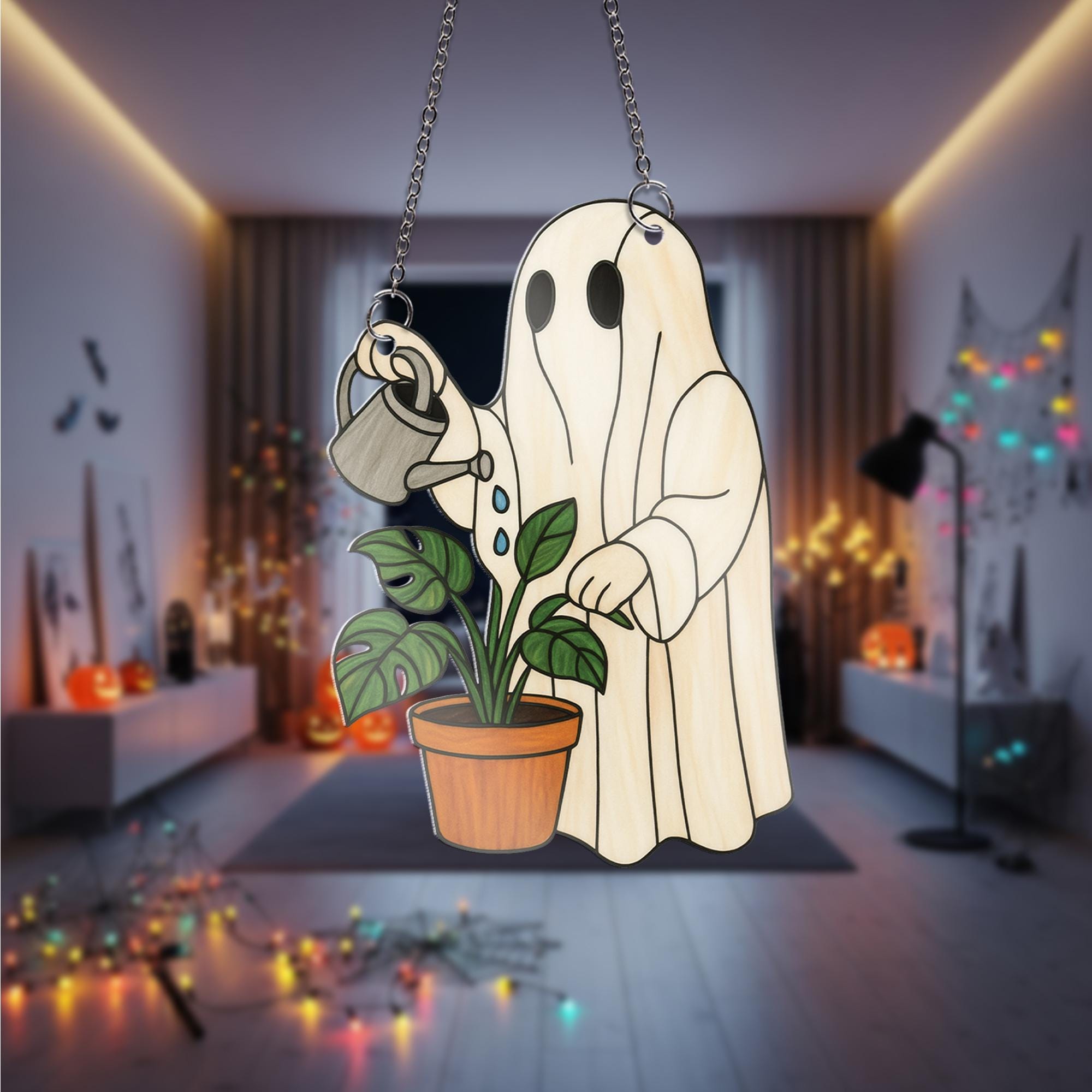 Ghost Watering Plant Acrylic Window hanging, Cute Acrylic Window Hanging, Plant Lover Halloween Decor, Spooky Garden Ghost Ornament