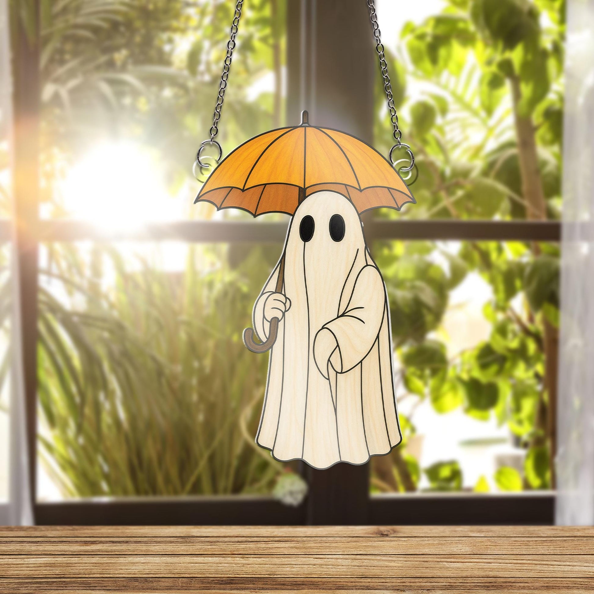 Cute Ghost with Umbrella Acrylic Window Hanging Decor, Spooky Ghost Ornament, Fall Halloween Home Decoration, Halloween Decoration