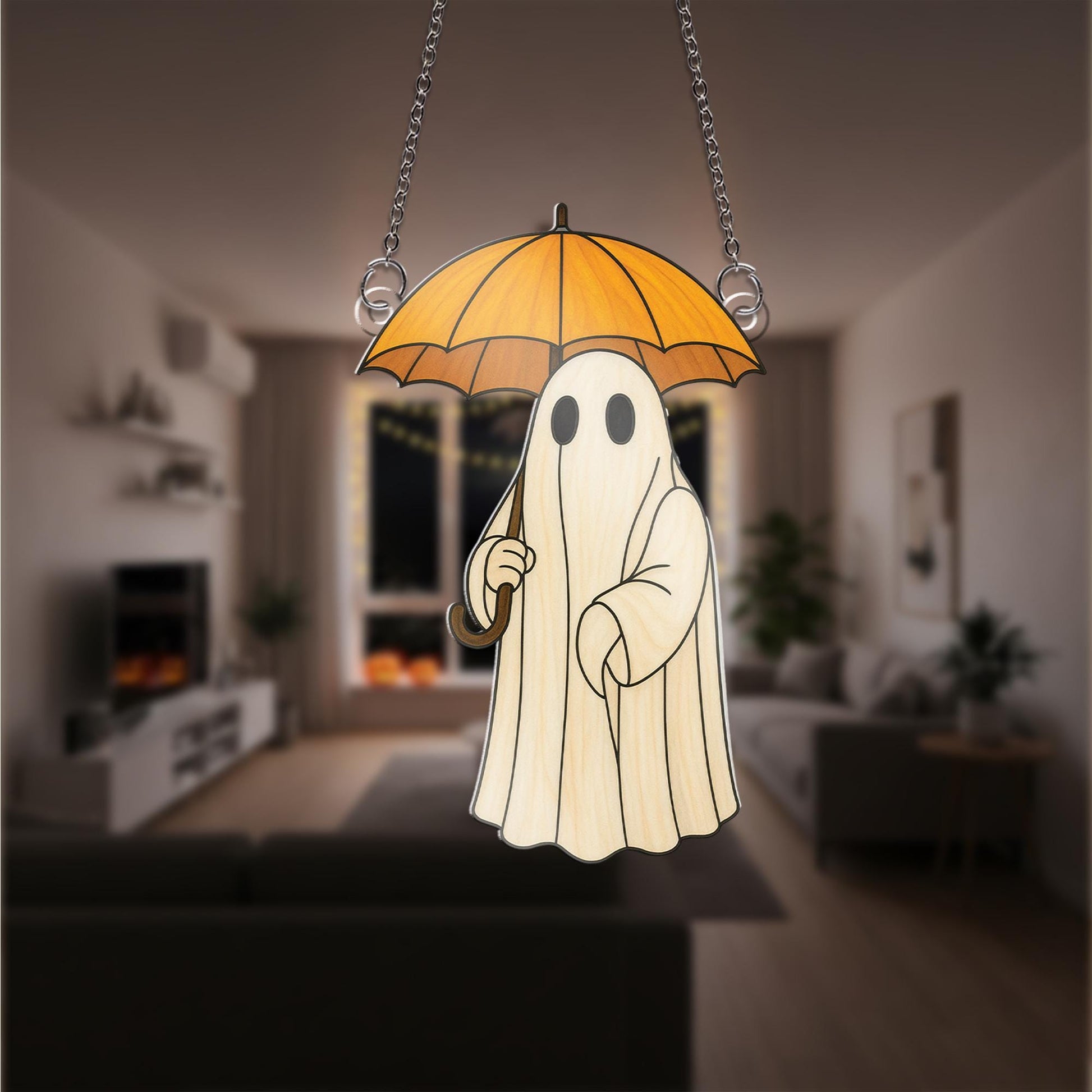 Cute Ghost with Umbrella Acrylic Window Hanging Decor, Spooky Ghost Ornament, Fall Halloween Home Decoration, Halloween Decoration