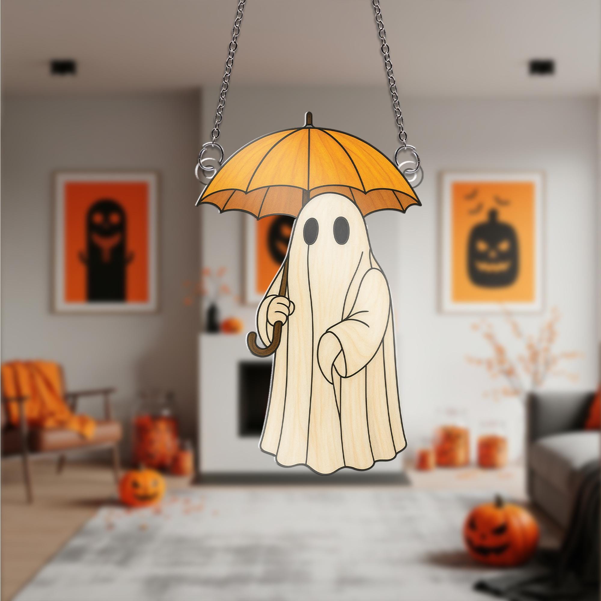 Cute Ghost with Umbrella Acrylic Window Hanging Decor, Spooky Ghost Ornament, Fall Halloween Home Decoration, Halloween Decoration