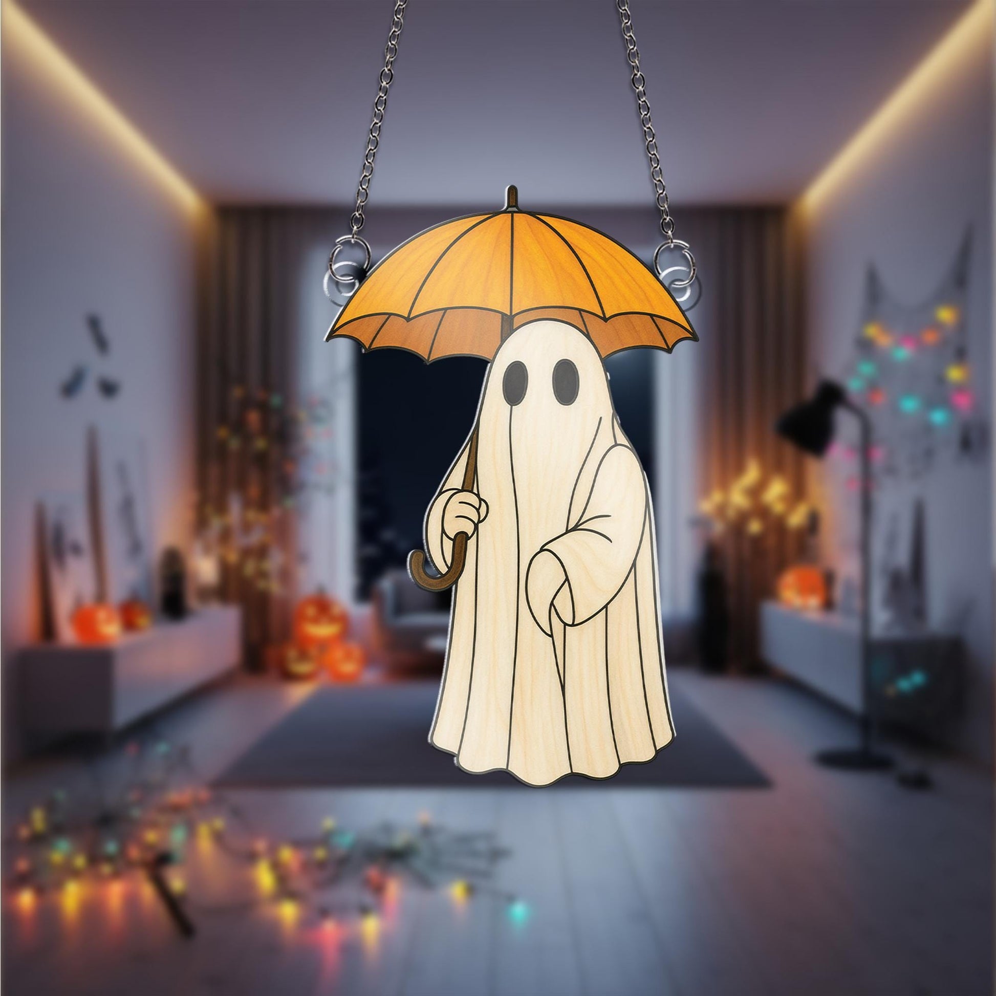 Cute Ghost with Umbrella Acrylic Window Hanging Decor, Spooky Ghost Ornament, Fall Halloween Home Decoration, Halloween Decoration