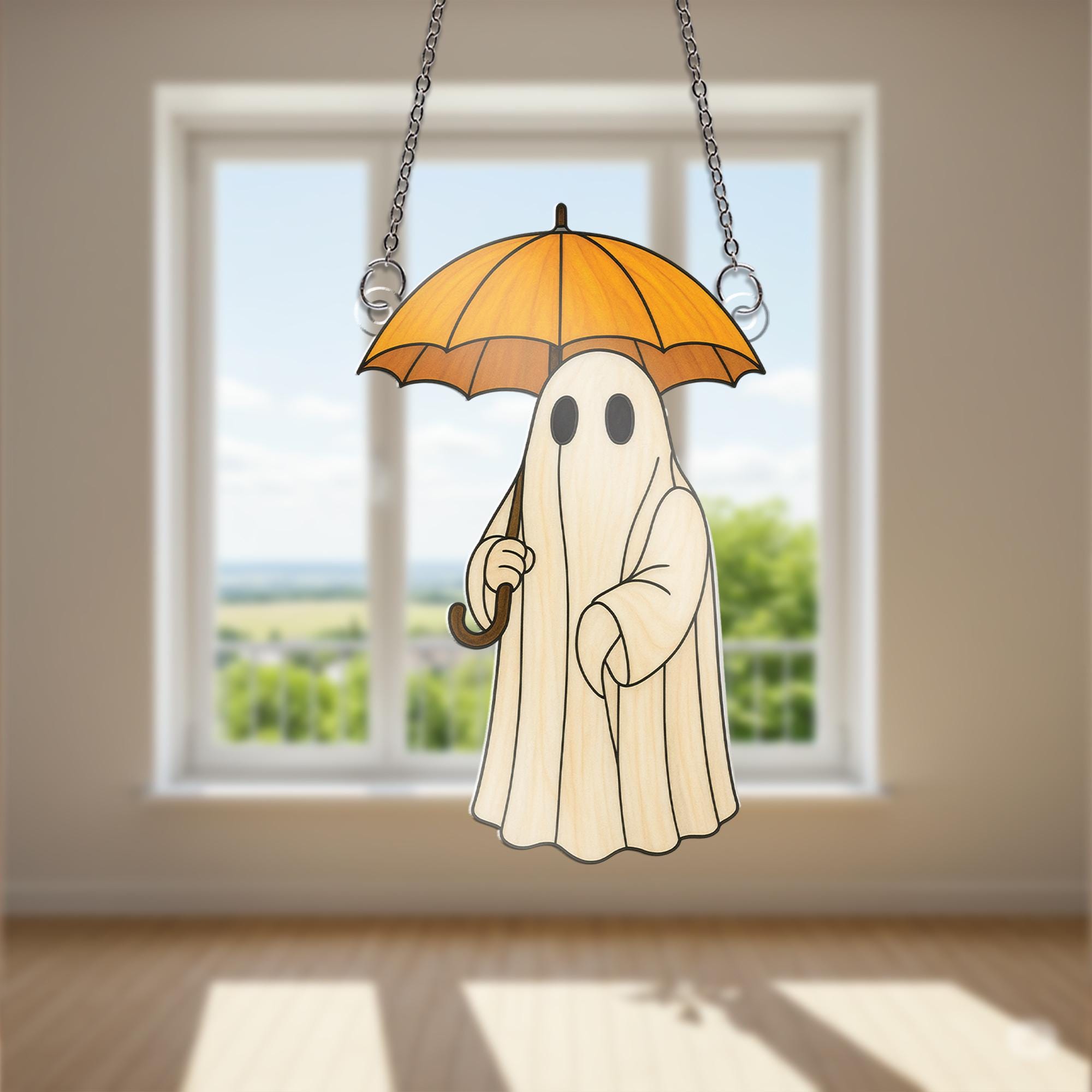 Cute Ghost with Umbrella Acrylic Window Hanging Decor, Spooky Ghost Ornament, Fall Halloween Home Decoration, Halloween Decoration