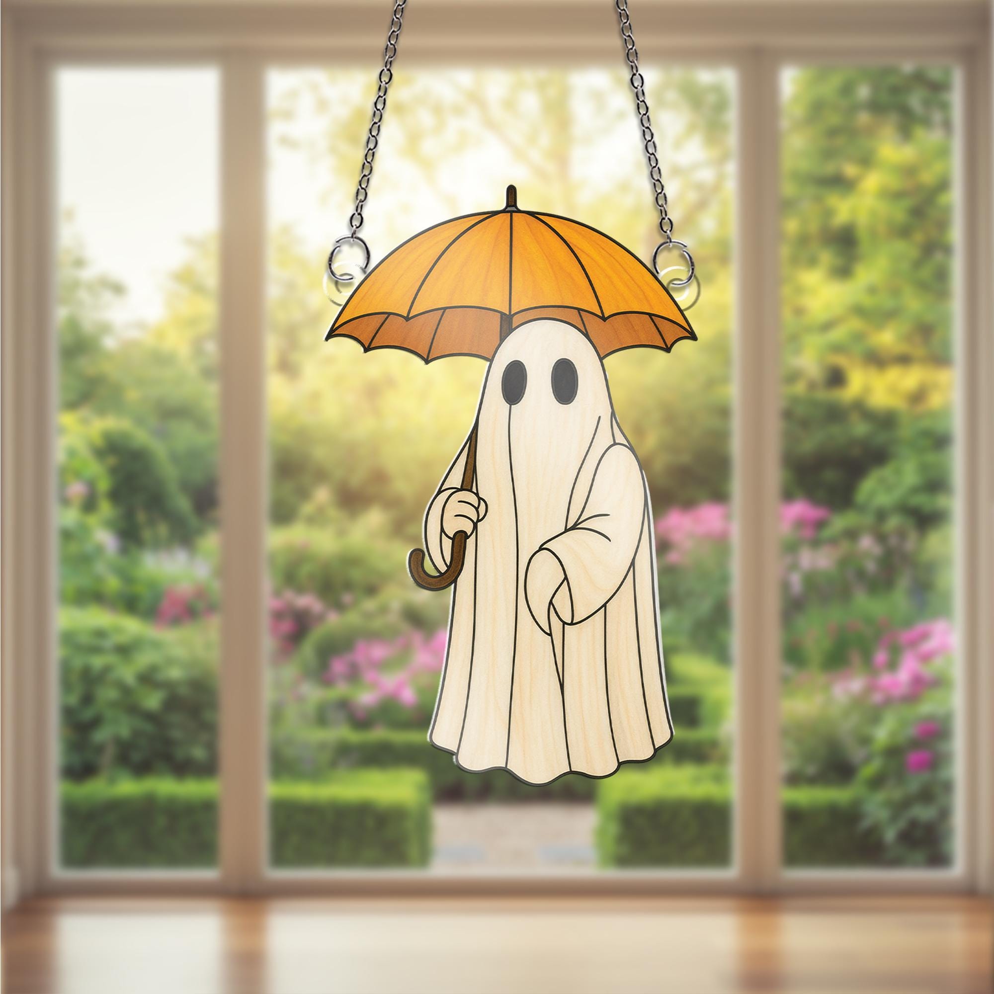 Cute Ghost with Umbrella Acrylic Window Hanging Decor, Spooky Ghost Ornament, Fall Halloween Home Decoration, Halloween Decoration