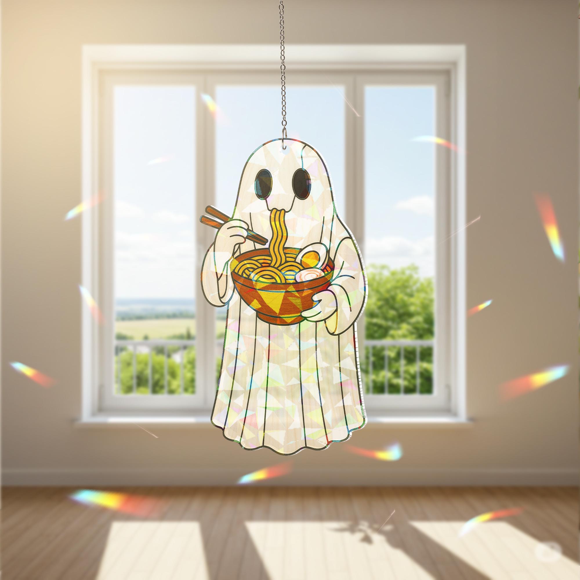Ghost Eating Ramen Holographic Acrylic Window Hanging, Funny Spooky Kitchen Decor, Kawaii Ghost Food Ornament, Kute Kitchen Decor