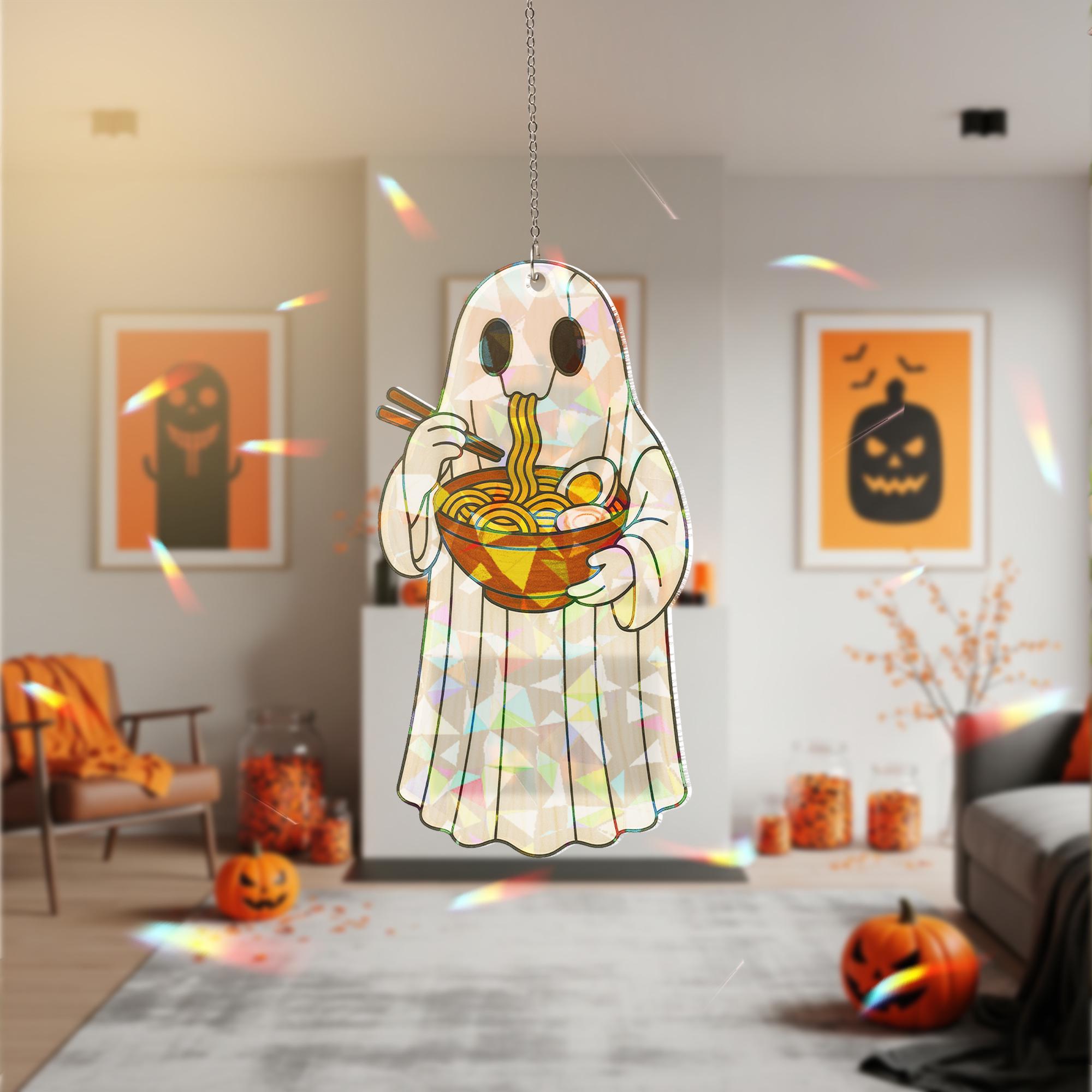 Ghost Eating Ramen Holographic Acrylic Window Hanging, Funny Spooky Kitchen Decor, Kawaii Ghost Food Ornament, Kute Kitchen Decor