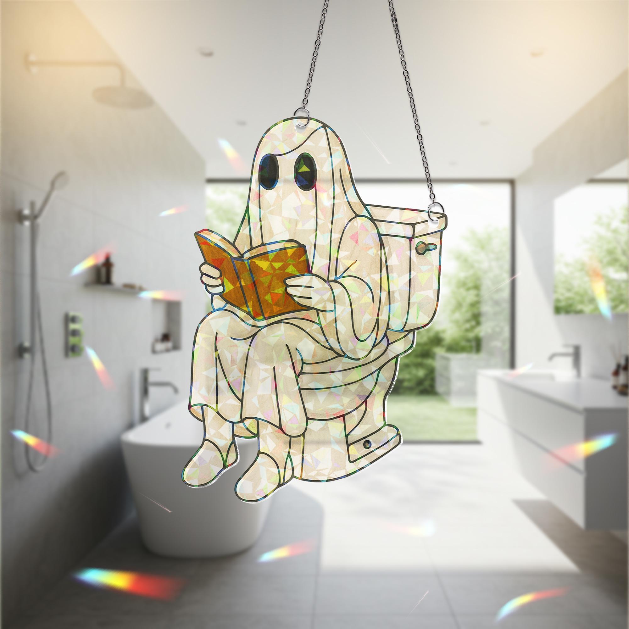 Funny Ghost on Toilet Holographic Bathroom Decor, Halloween Reading Ghost Acrylic Hanging, Spooky Toilet Ornament, Funny Bathroom Decor
