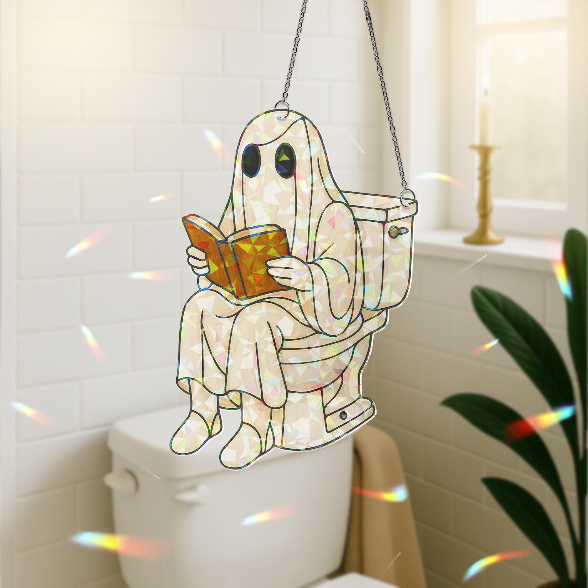 Funny Ghost on Toilet Holographic Bathroom Decor, Halloween Reading Ghost Acrylic Hanging, Spooky Toilet Ornament, Funny Bathroom Decor