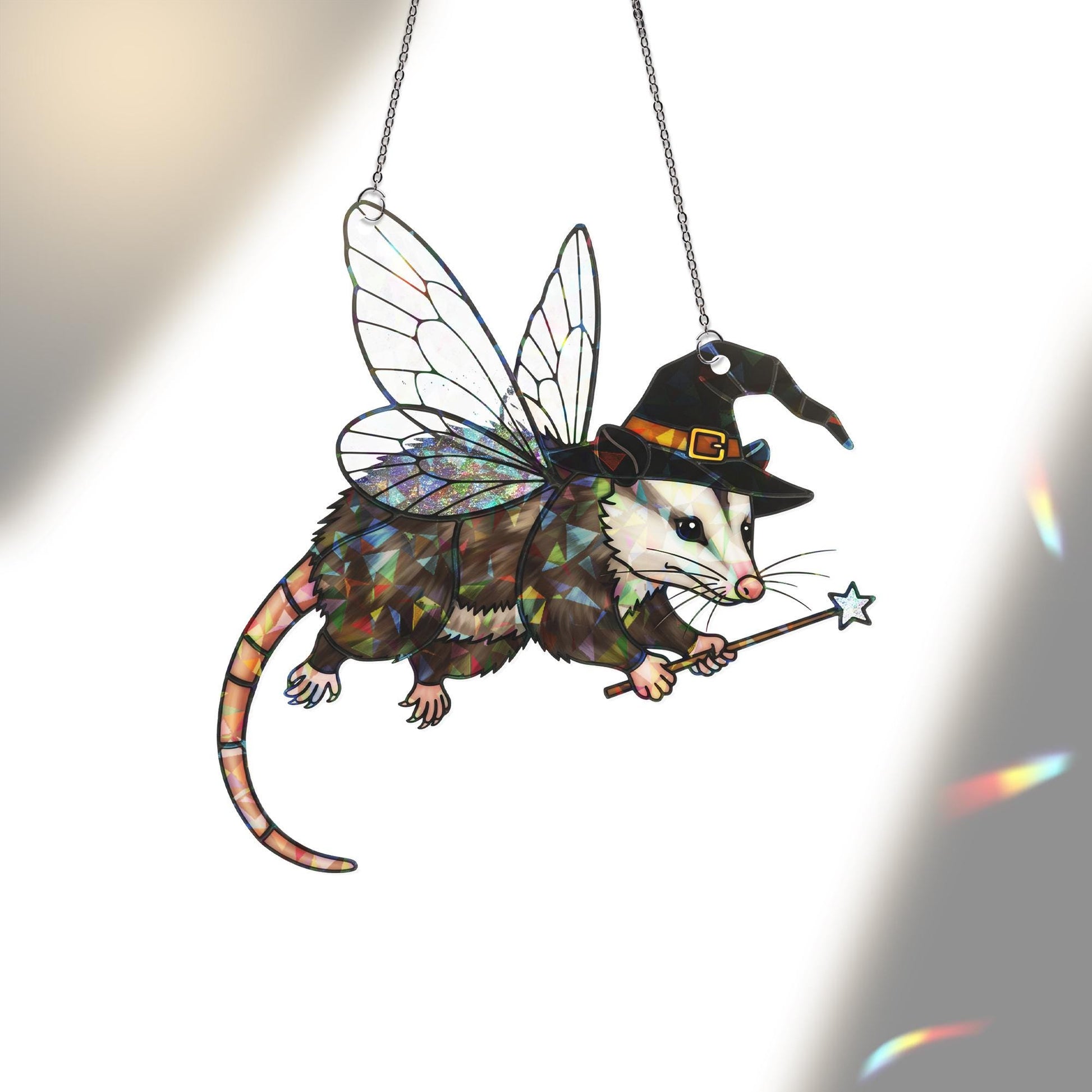 Fairy Possum Witch Suncatcher – Holographic Acrylic Window Decor, Magic Wand Hanging Ornament, Cute Fantasy Animal Gift