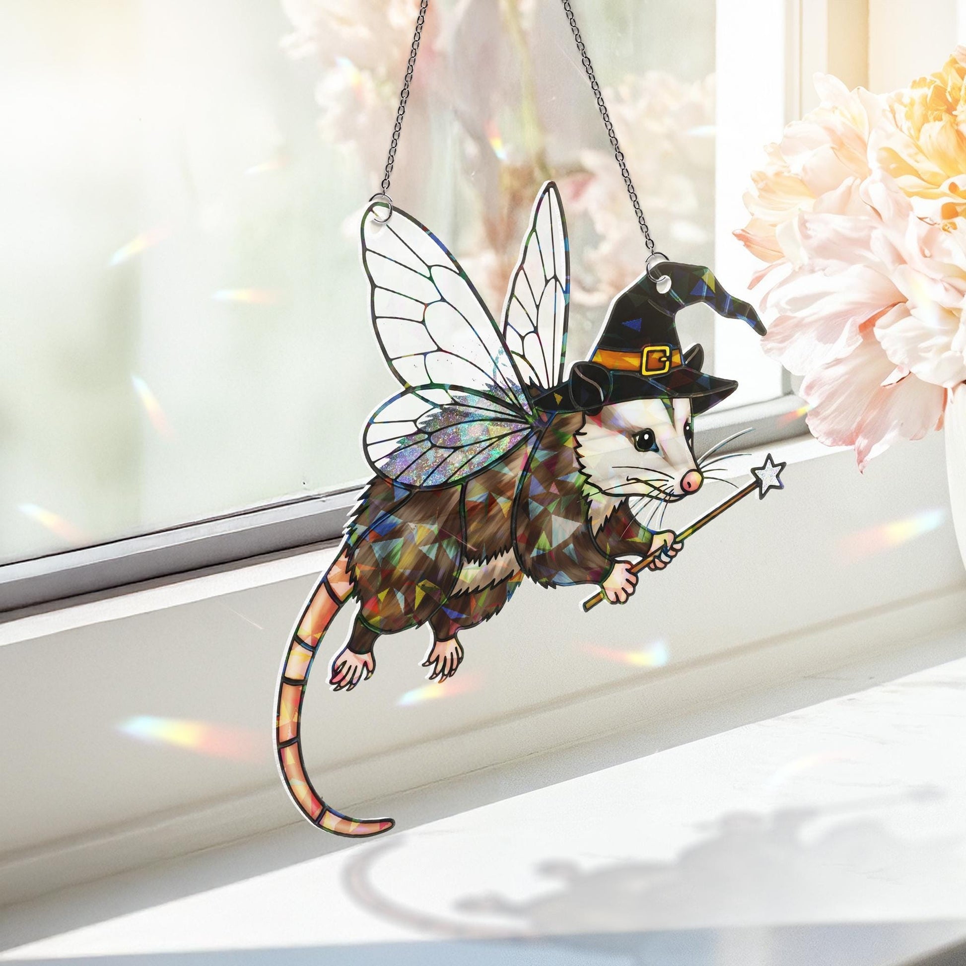 Fairy Possum Witch Suncatcher – Holographic Acrylic Window Decor, Magic Wand Hanging Ornament, Cute Fantasy Animal Gift