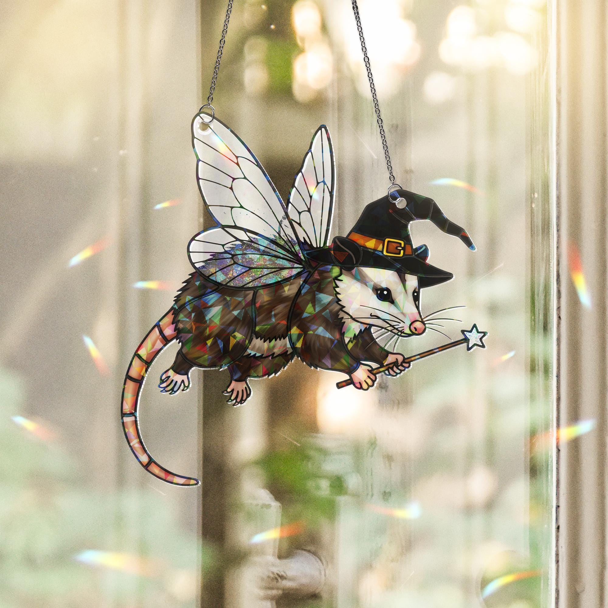 Fairy Possum Witch Suncatcher – Holographic Acrylic Window Decor, Magic Wand Hanging Ornament, Cute Fantasy Animal Gift