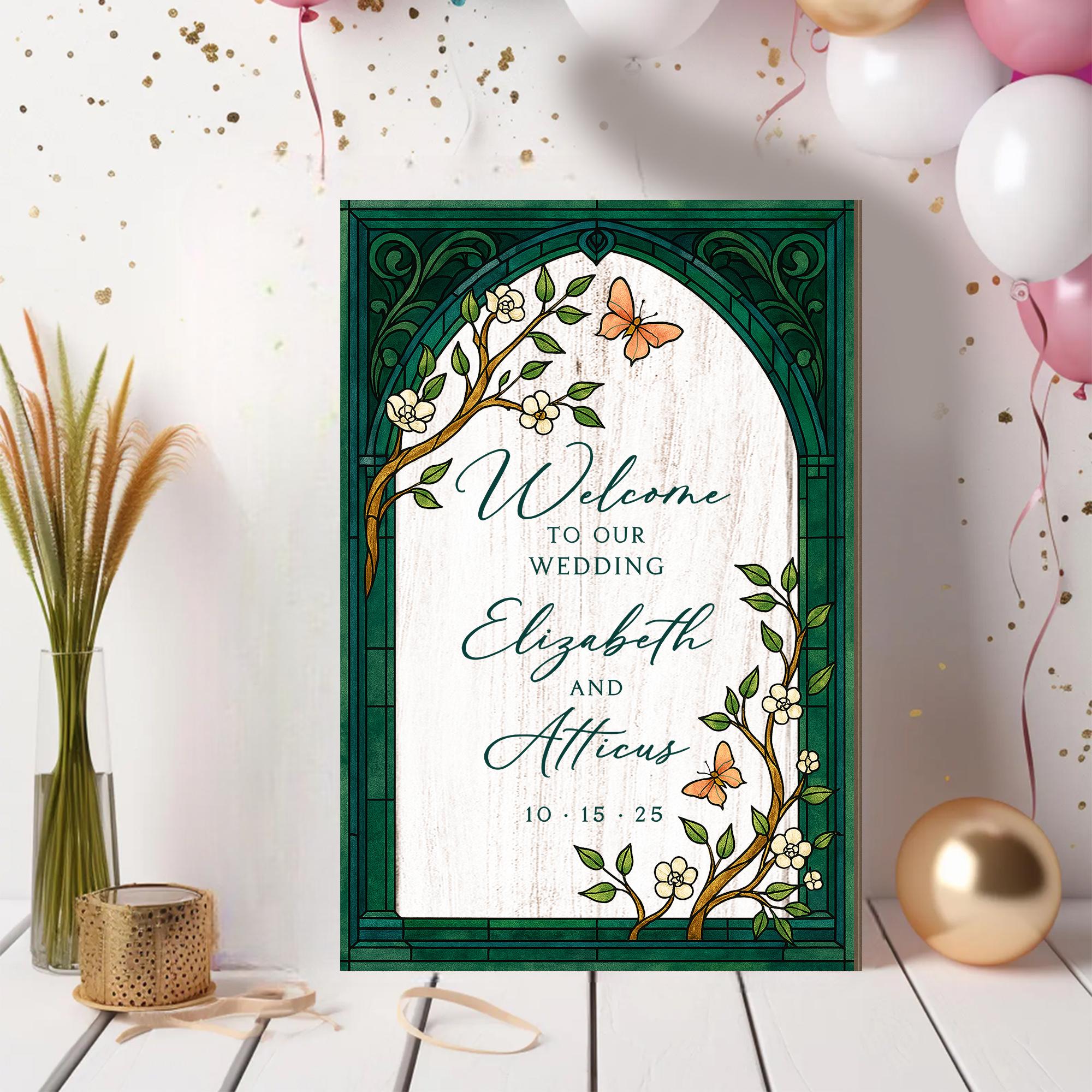 Custom Wedding Welcome Sign – Personalized Floral Arch Decor with Names & Date, Elegant Butterfly Garden Theme