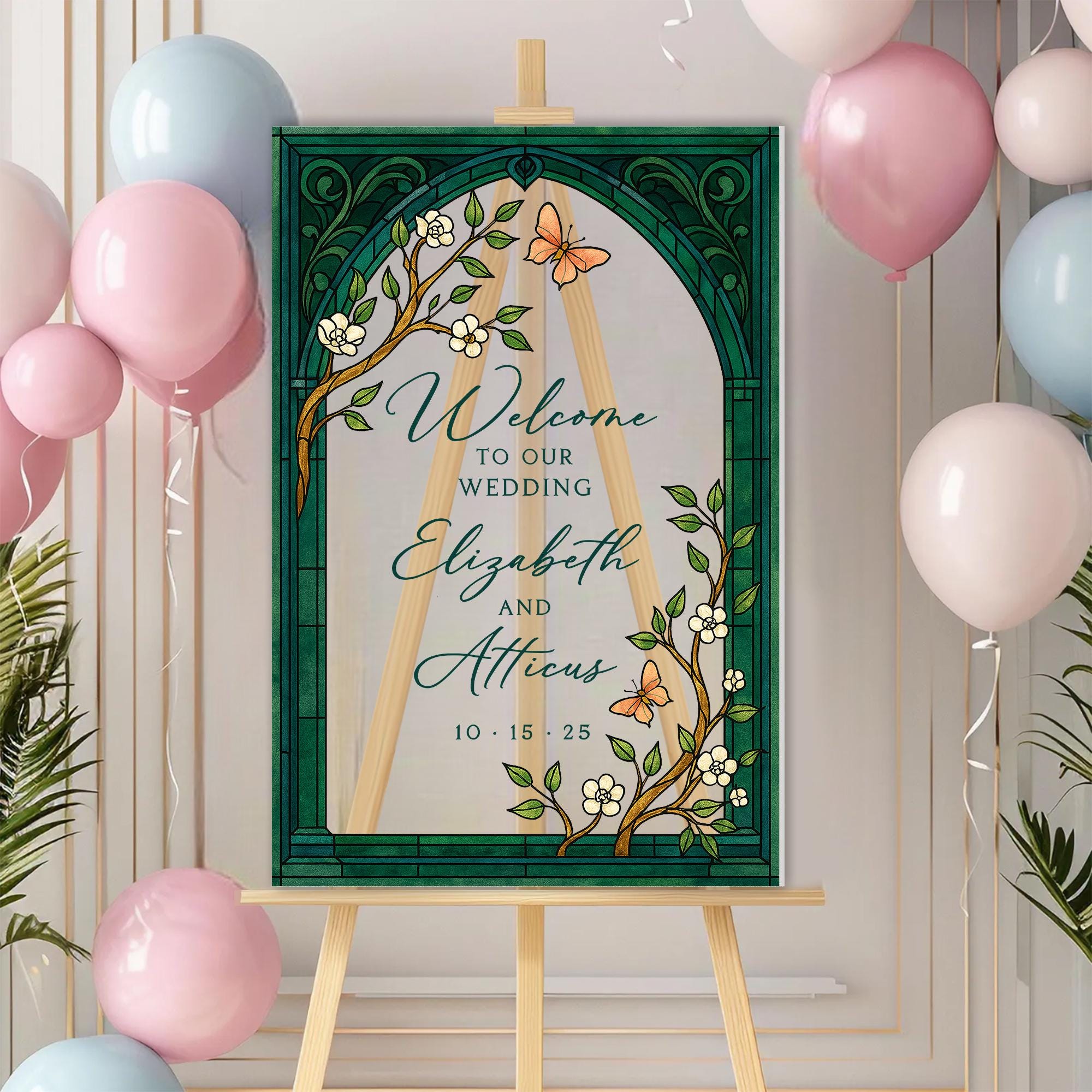 Custom Wedding Welcome Sign – Personalized Floral Arch Decor with Names & Date, Elegant Butterfly Garden Theme