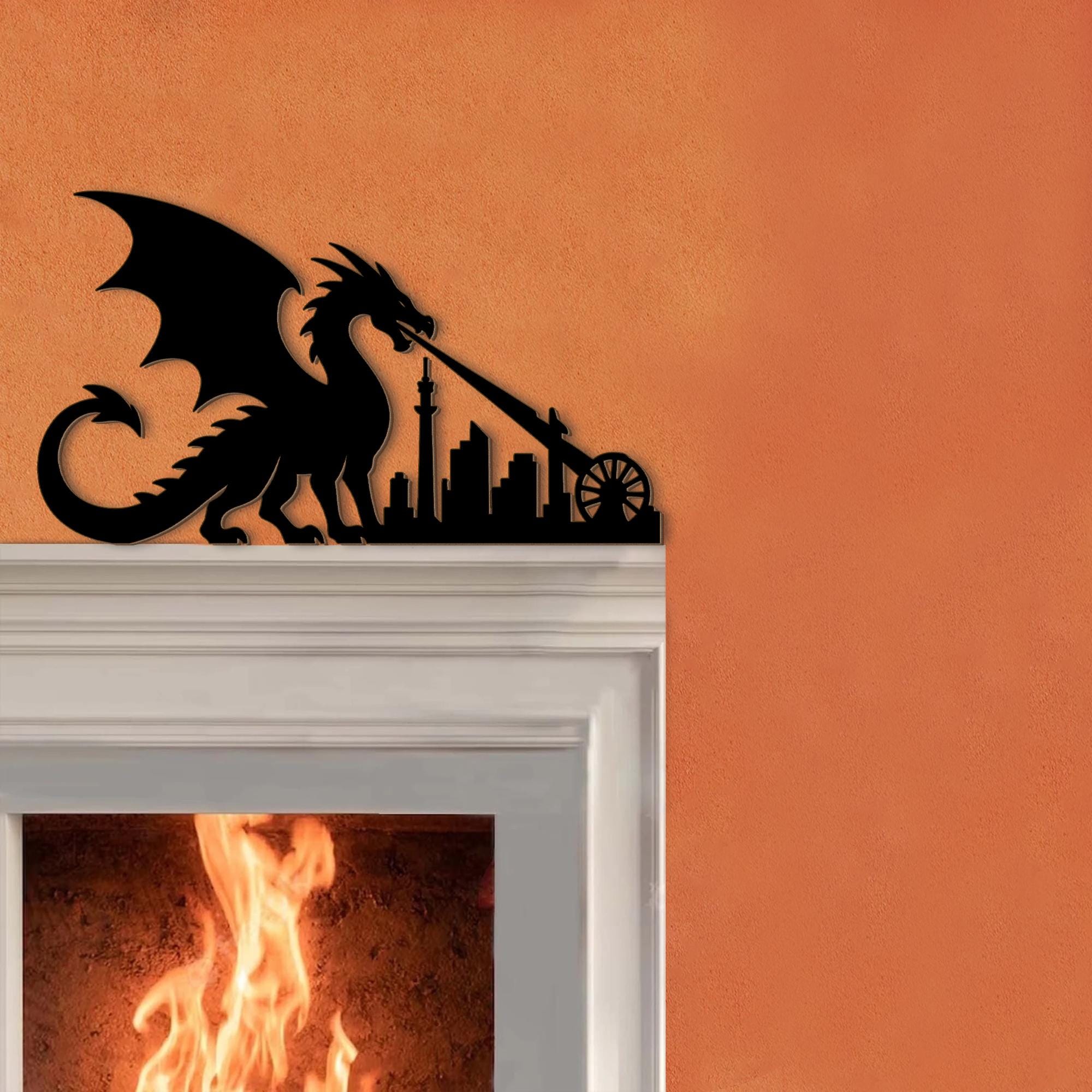 Dragon City Door Corner Decor – Fantasy Wooden Silhouette Skyline, Gothic Dragon Wall Art, Unique Home Accent