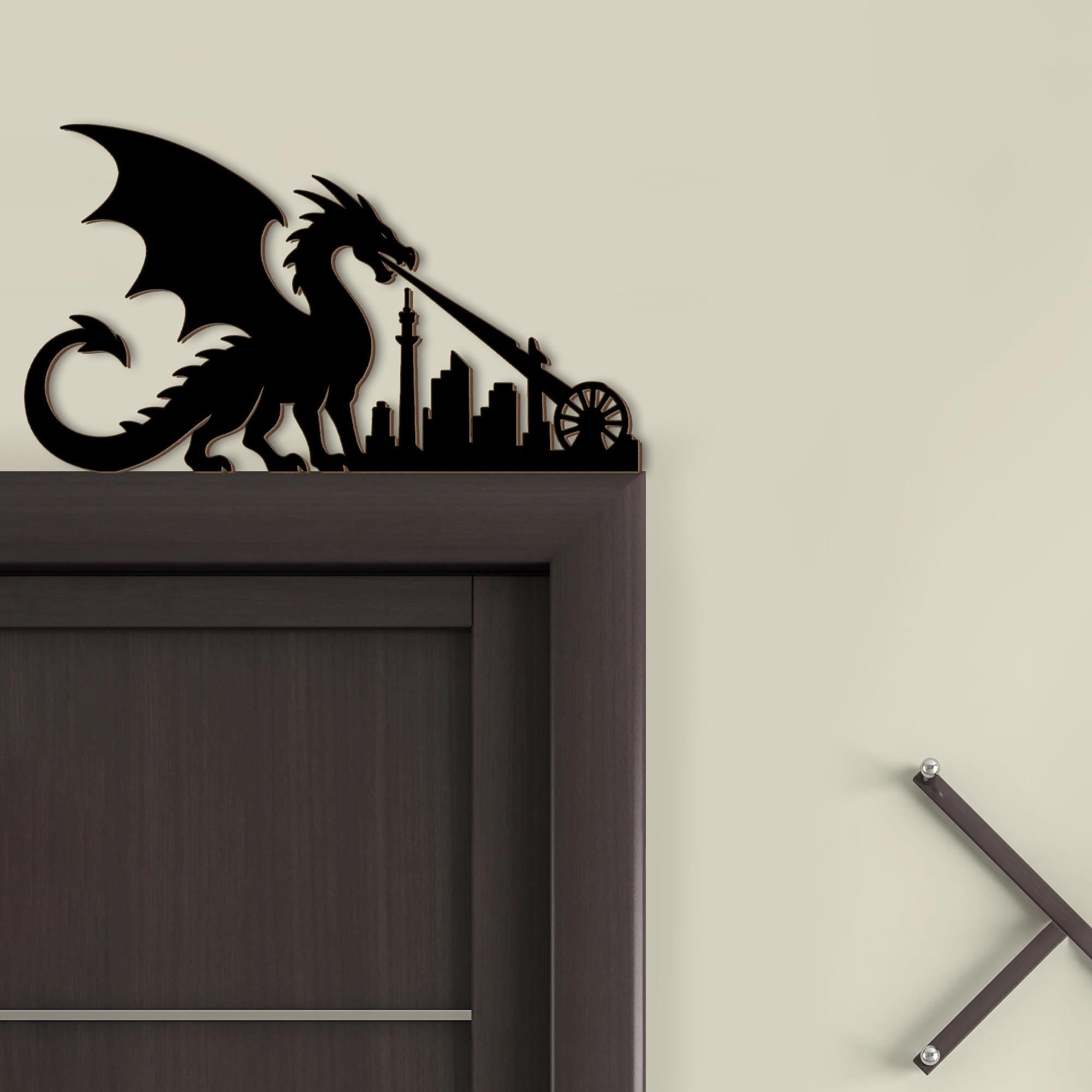 Dragon City Door Corner Decor – Fantasy Wooden Silhouette Skyline, Gothic Dragon Wall Art, Unique Home Accent