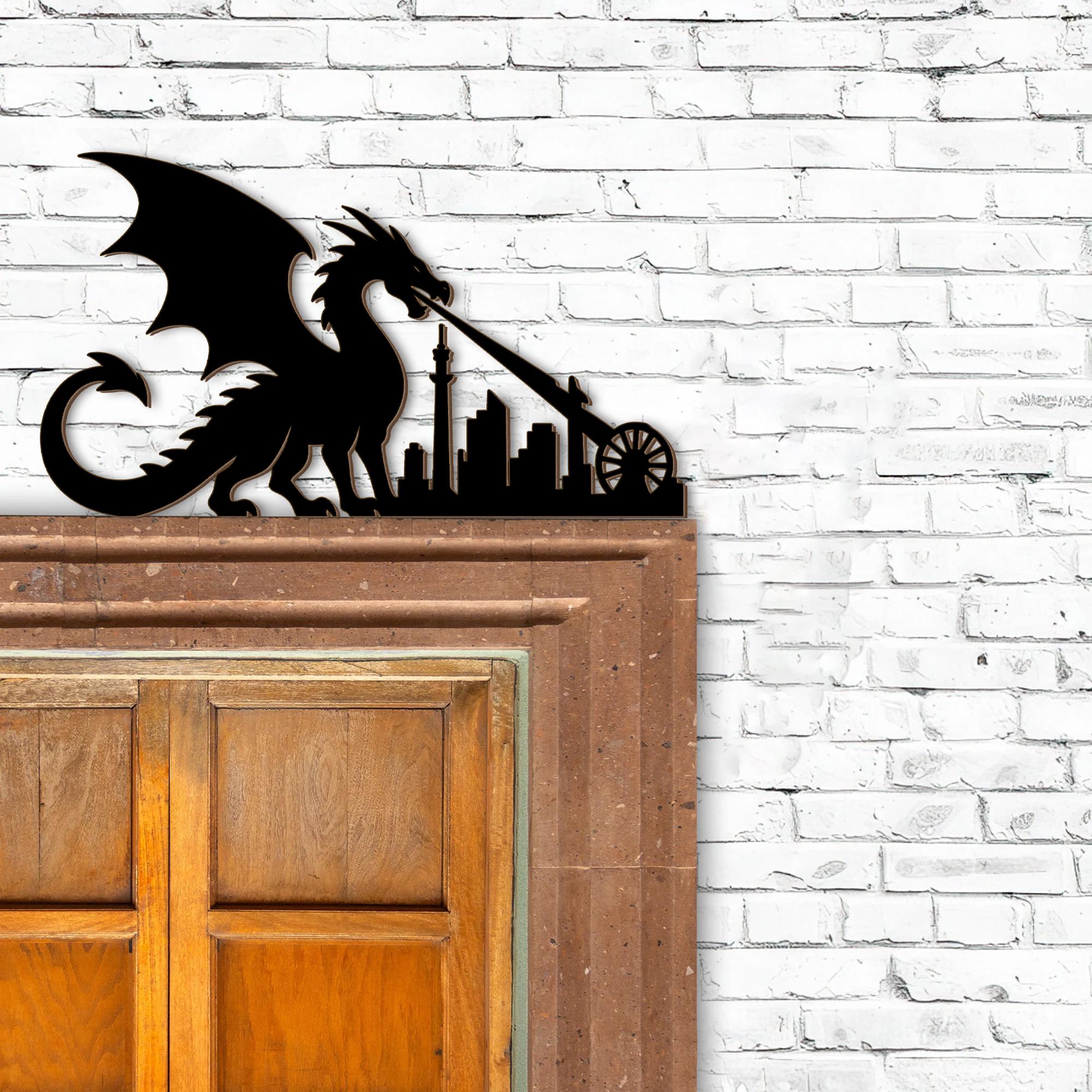 Dragon City Door Corner Decor – Fantasy Wooden Silhouette Skyline, Gothic Dragon Wall Art, Unique Home Accent