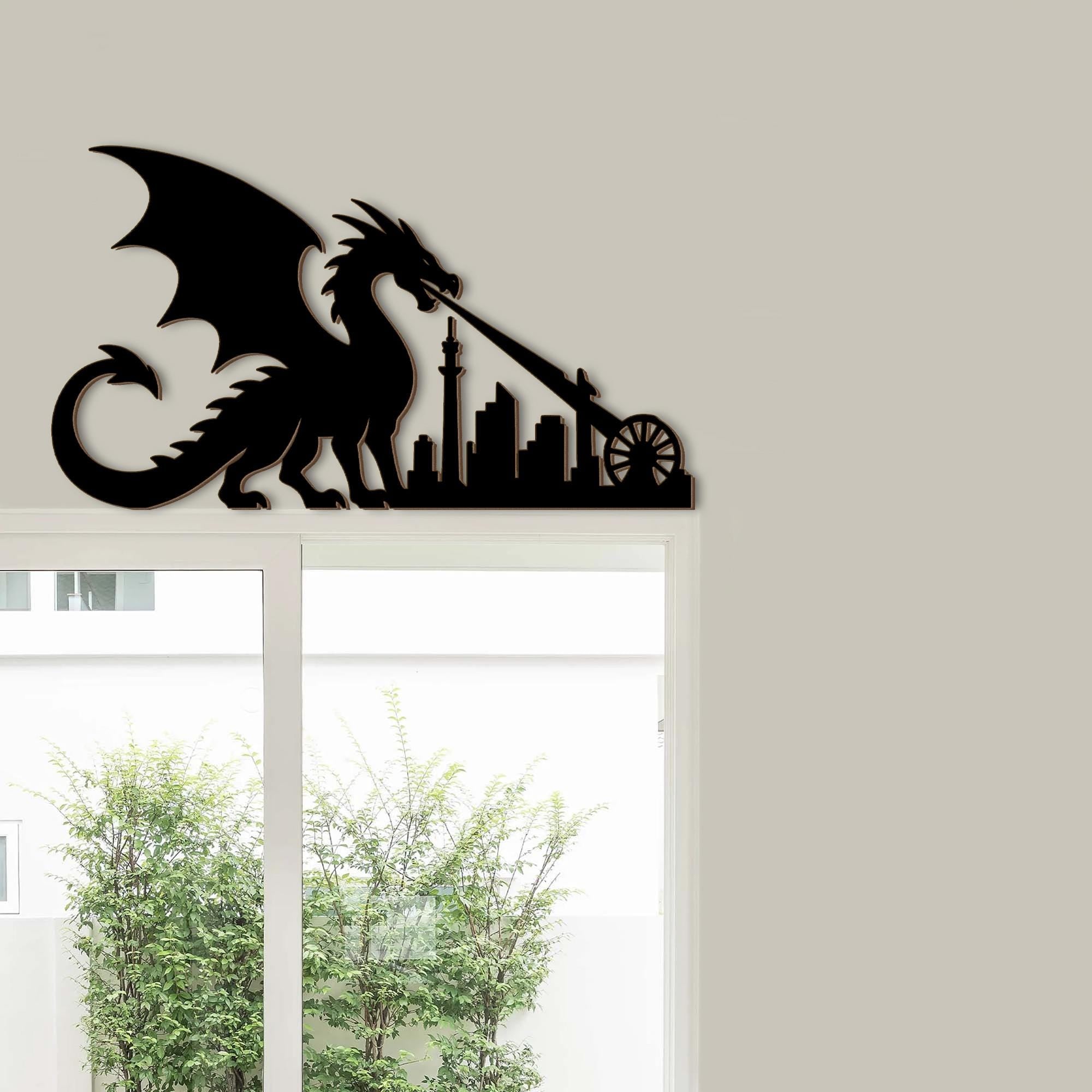 Dragon City Door Corner Decor – Fantasy Wooden Silhouette Skyline, Gothic Dragon Wall Art, Unique Home Accent