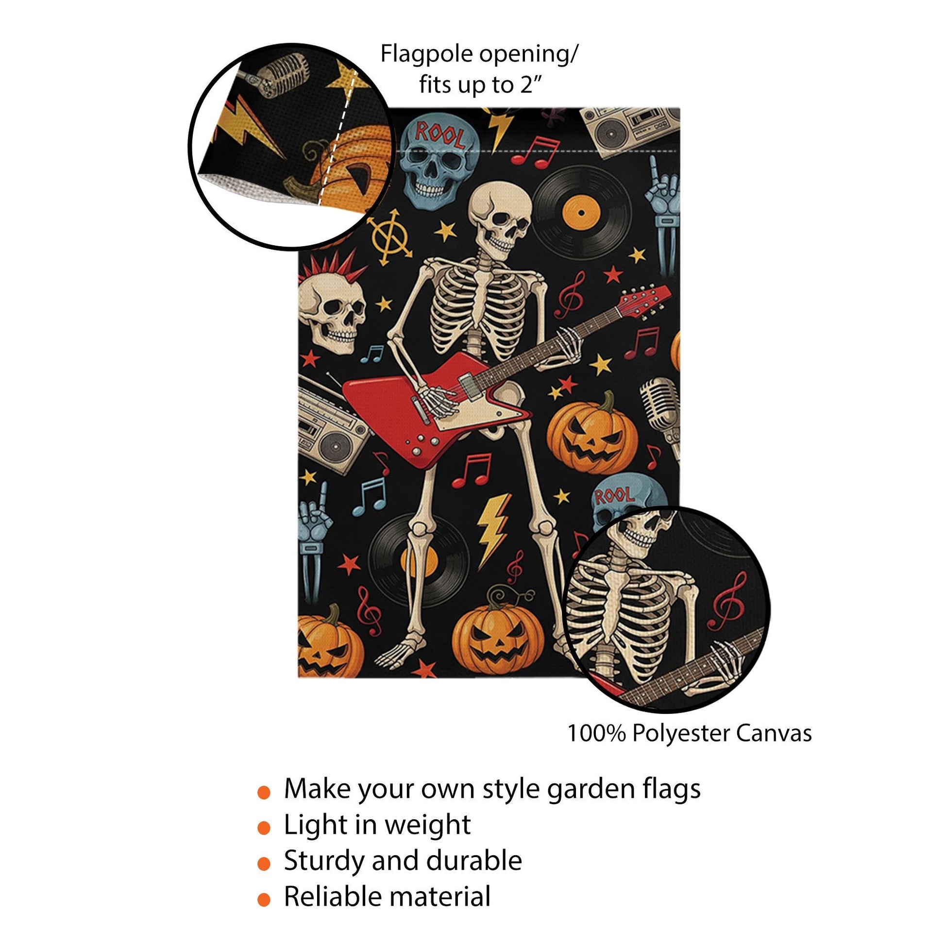 Rock and Roll Skeleton Garden Flag, Halloween Guitar Decor, Goth Yard Art, Music Lover Gift, Spooky Outdoor Banner, Unique Holiday Flag