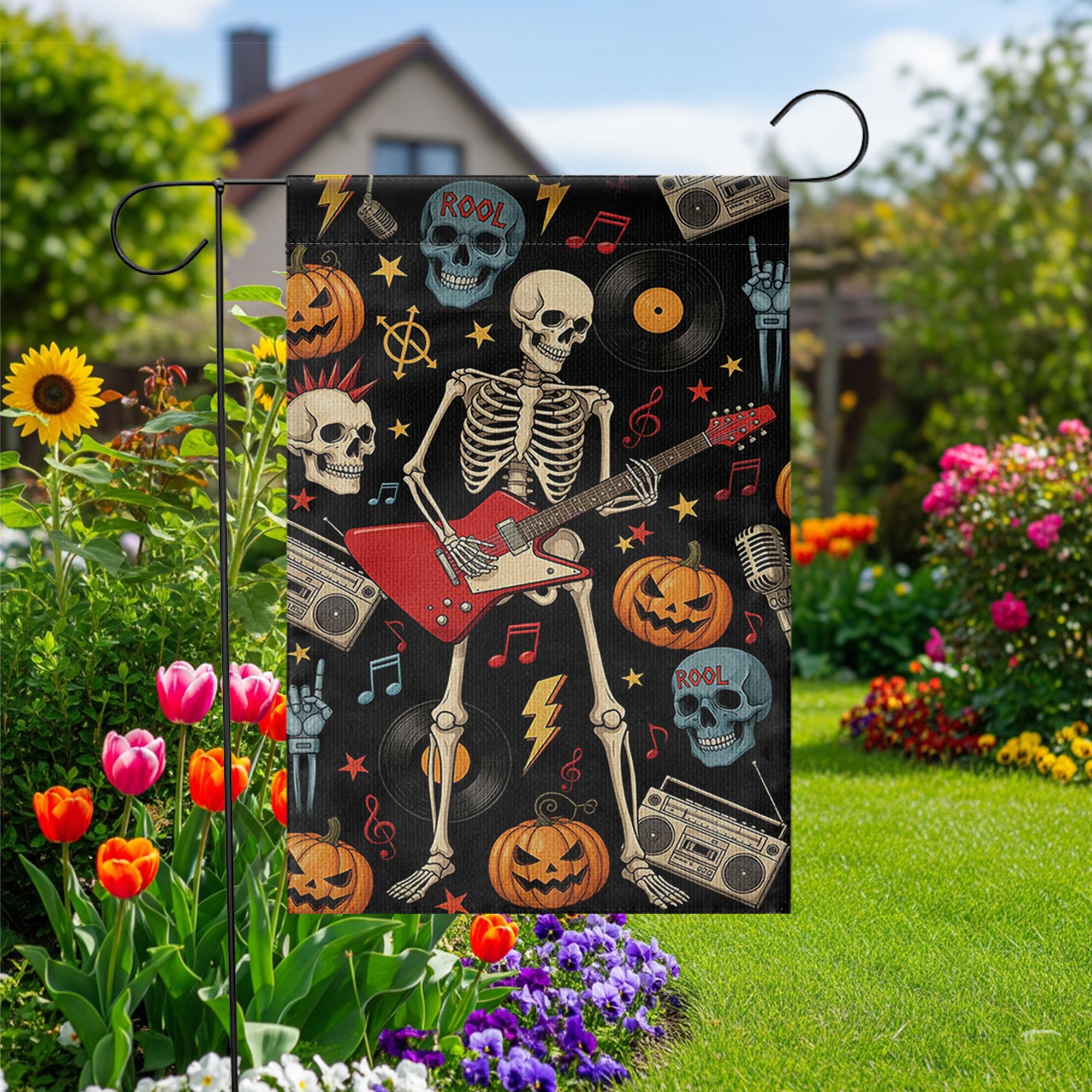 Rock and Roll Skeleton Garden Flag, Halloween Guitar Decor, Goth Yard Art, Music Lover Gift, Spooky Outdoor Banner, Unique Holiday Flag