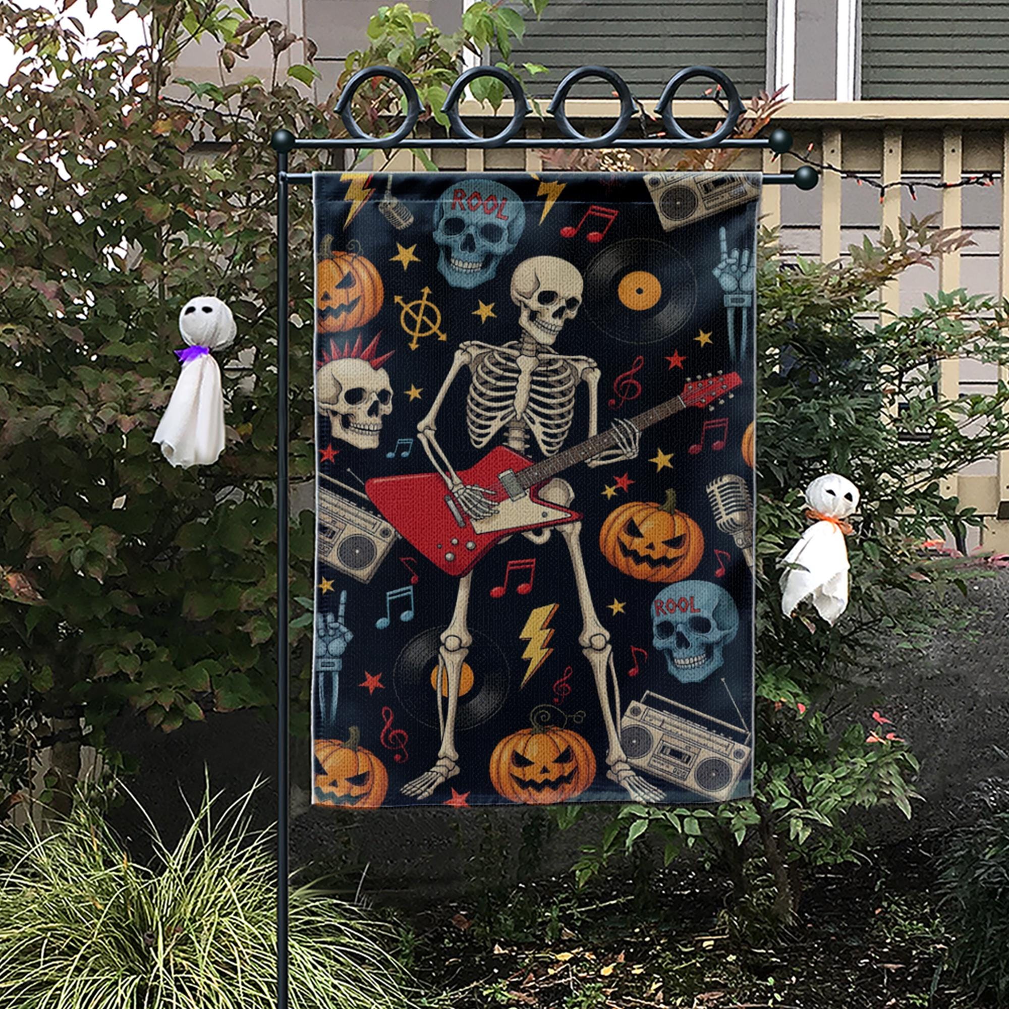 Rock and Roll Skeleton Garden Flag, Halloween Guitar Decor, Goth Yard Art, Music Lover Gift, Spooky Outdoor Banner, Unique Holiday Flag