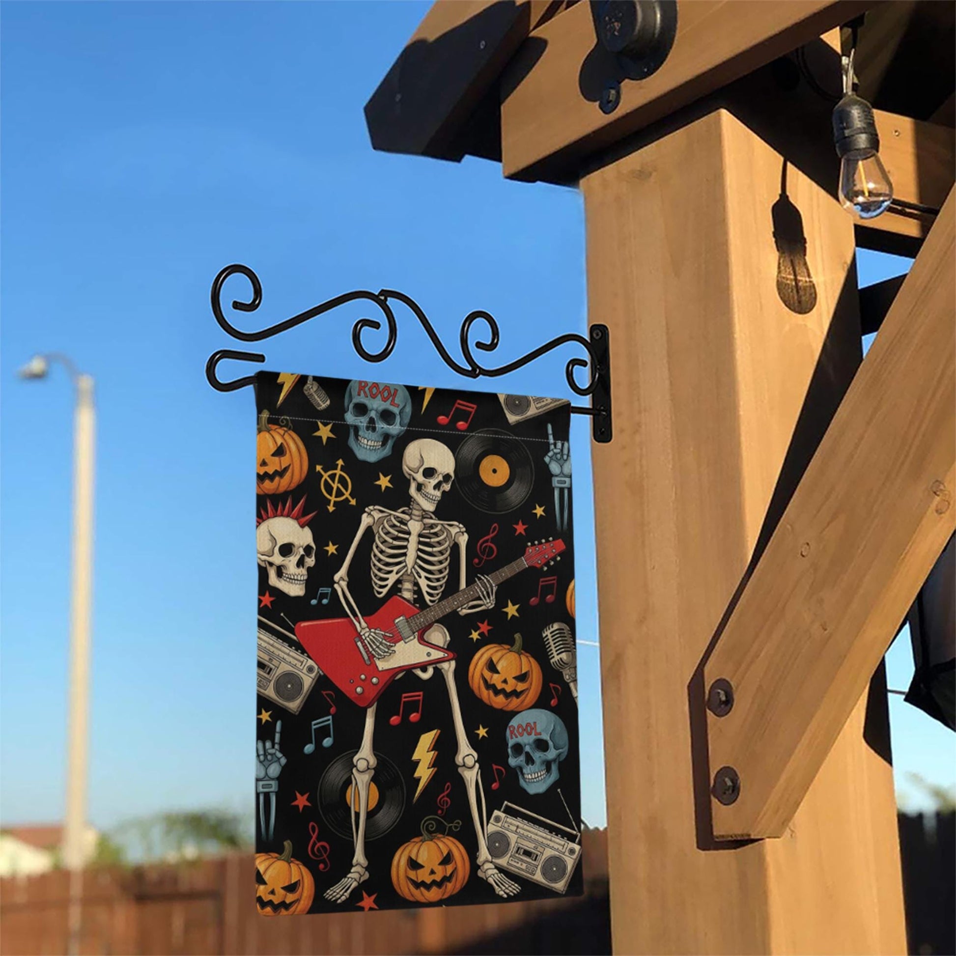 Rock and Roll Skeleton Garden Flag, Halloween Guitar Decor, Goth Yard Art, Music Lover Gift, Spooky Outdoor Banner, Unique Holiday Flag