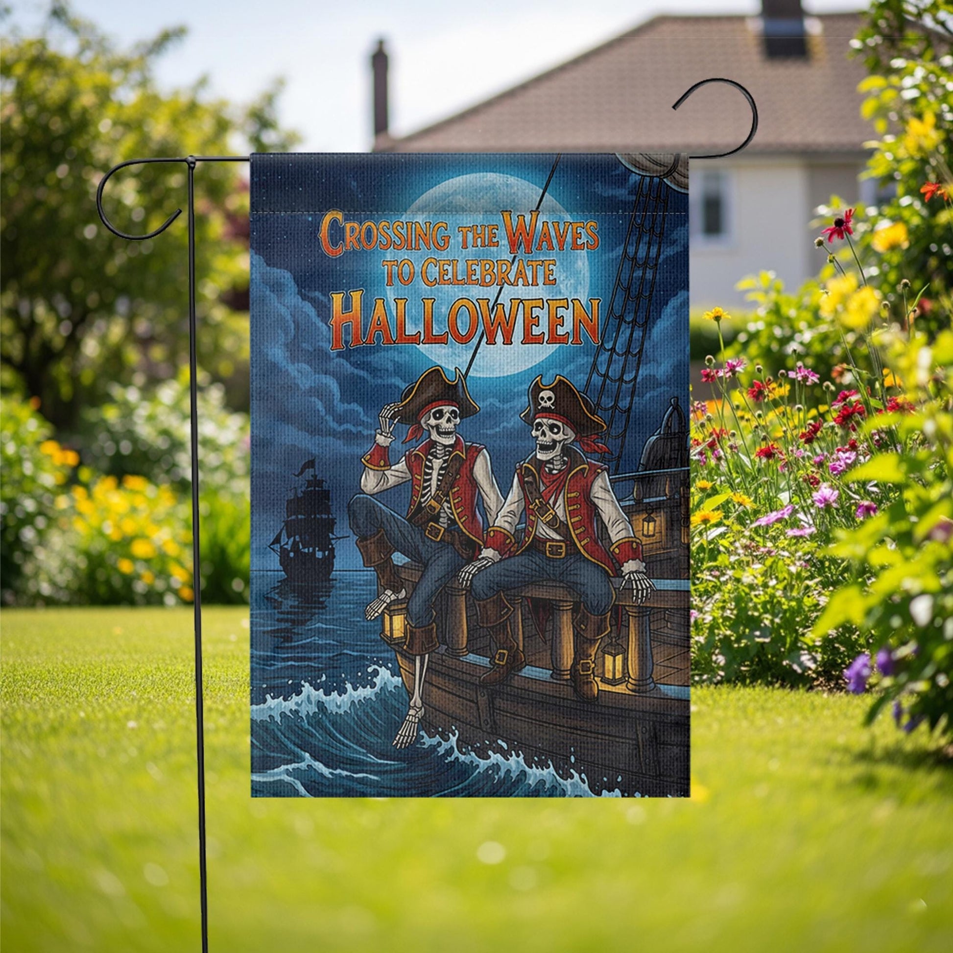 Pirate Skeleton Garden Flag, Halloween Ship Decor, Spooky Ocean Banner, Unique Outdoor Flag, Pirate Theme Yard Art, Halloween Celebration