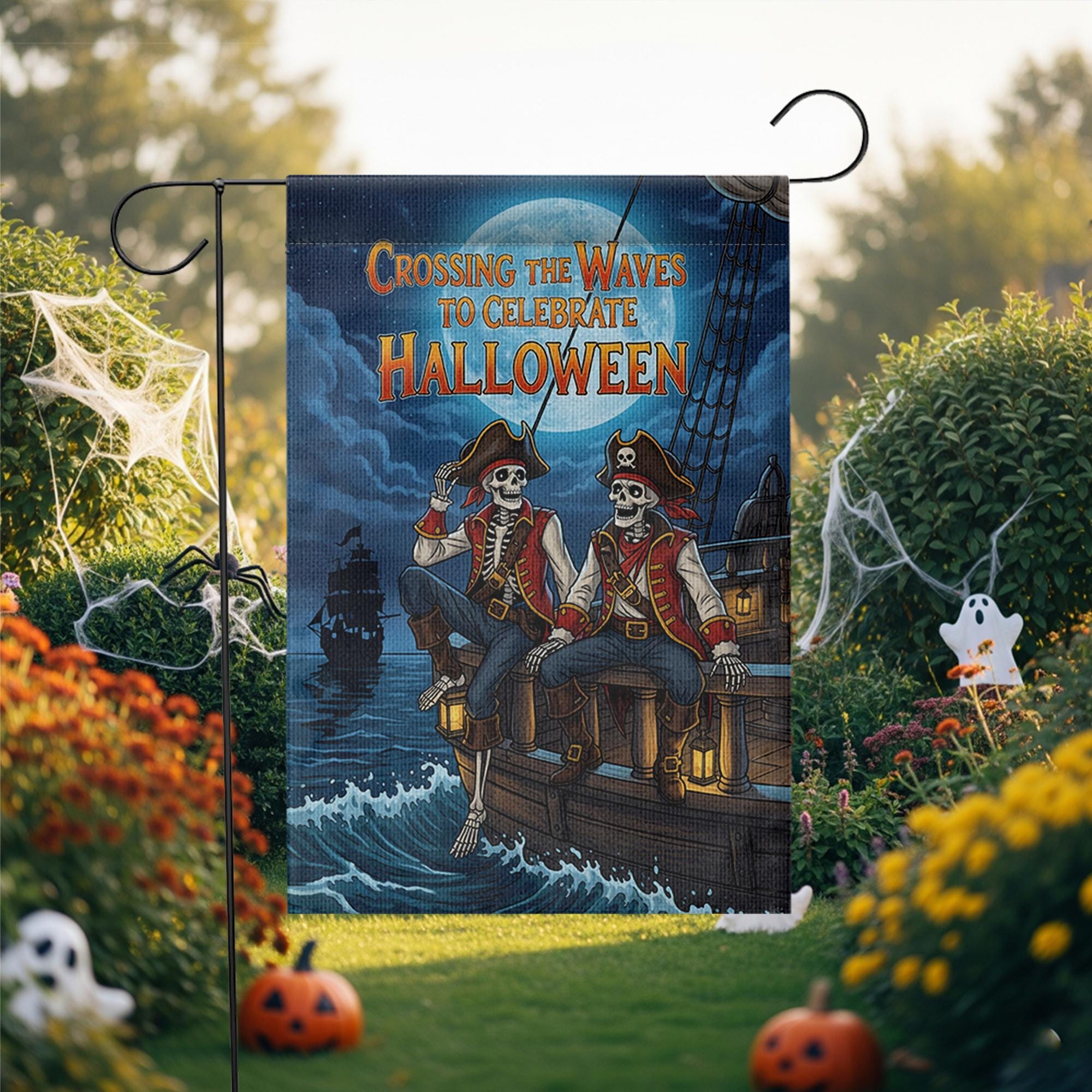 Pirate Skeleton Garden Flag, Halloween Ship Decor, Spooky Ocean Banner, Unique Outdoor Flag, Pirate Theme Yard Art, Halloween Celebration