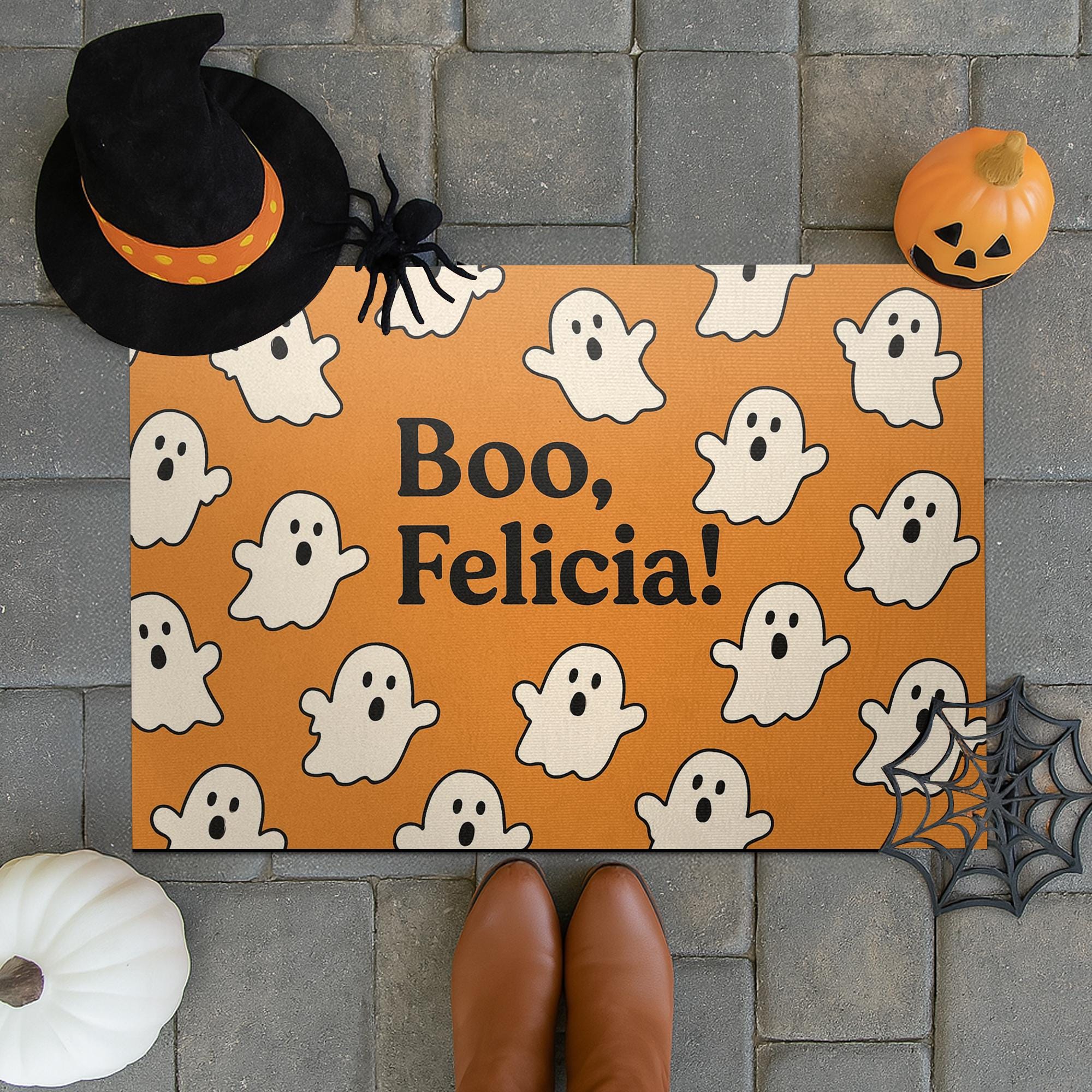 Halloween Doormat, Boo Felicia Ghost Mat, Funny Fall Decor, Spooky Welcome Mat, Witch Hat Pumpkin Entry Rug, Outdoor Halloween Mat