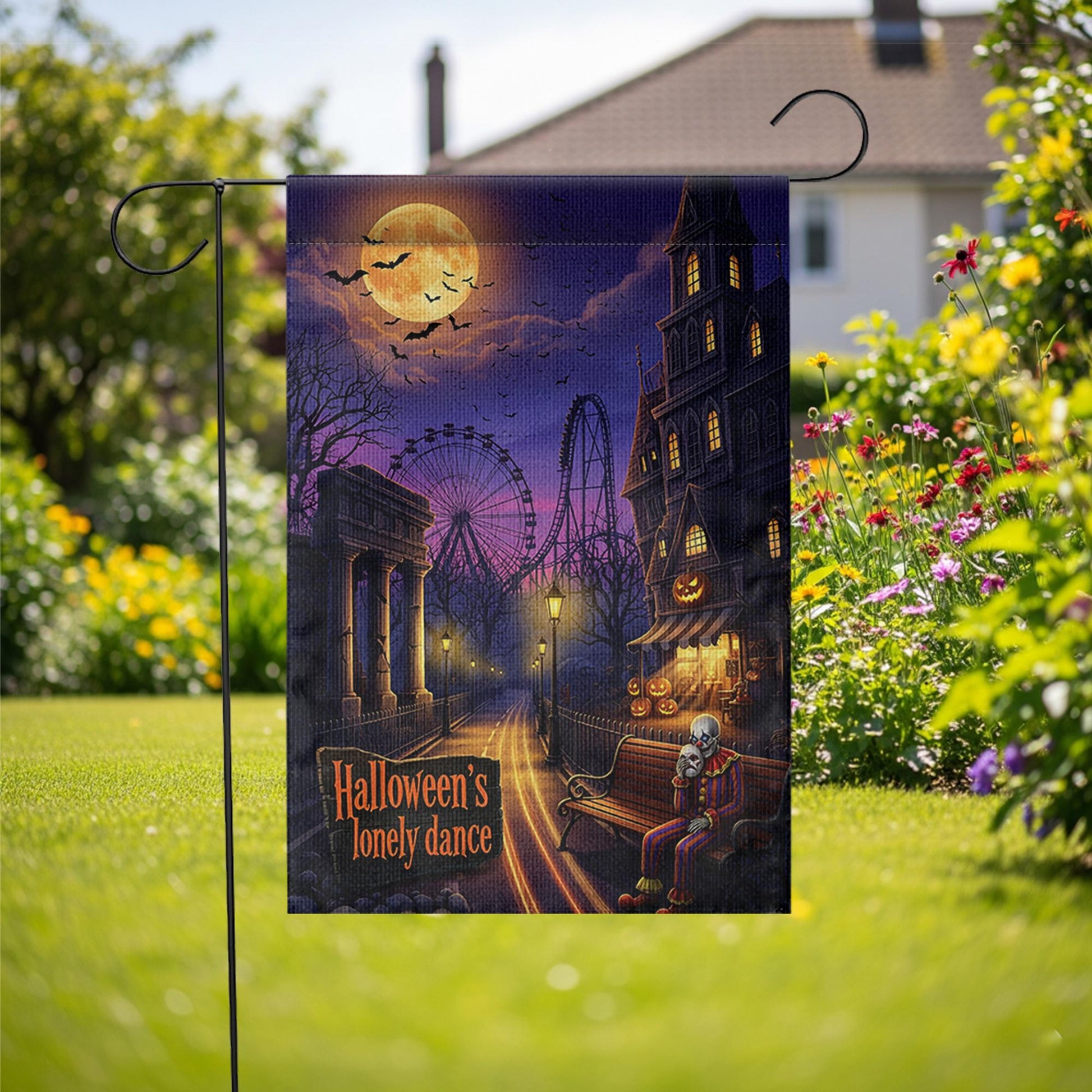 Halloween Lonely Dance Flag, Spooky Carnival Decor, Clown Skeleton Garden Flag, Haunted Park Yard Art, Unique Outdoor Banner, Gothic Gift