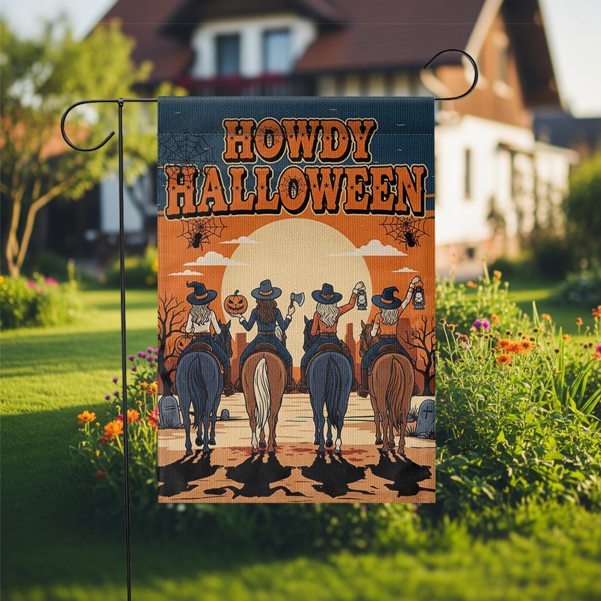 Howdy Halloween Garden Flag, Western Fall Outdoor Decor, Cowboy Witch Riding Horses Flag, Autumn Porch Decoration