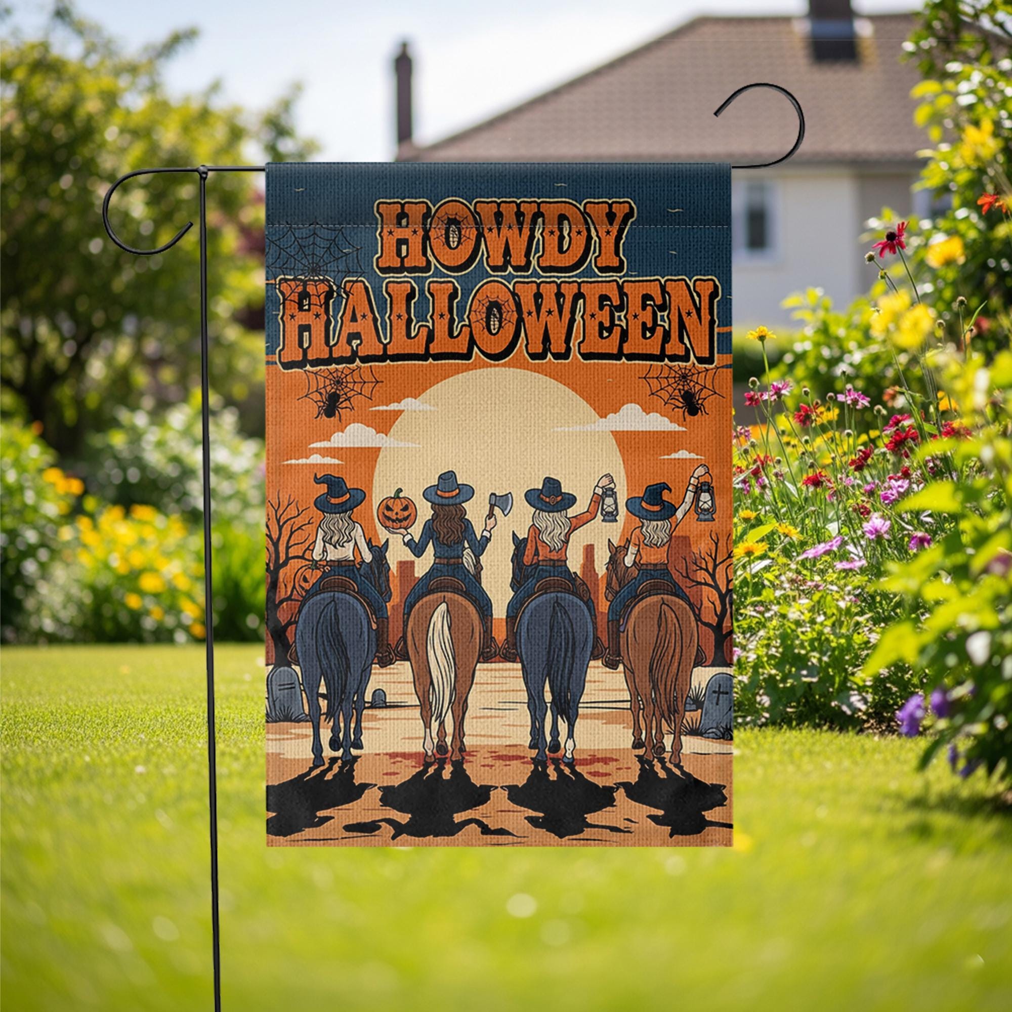 Howdy Halloween Garden Flag, Western Fall Outdoor Decor, Cowboy Witch Riding Horses Flag, Autumn Porch Decoration