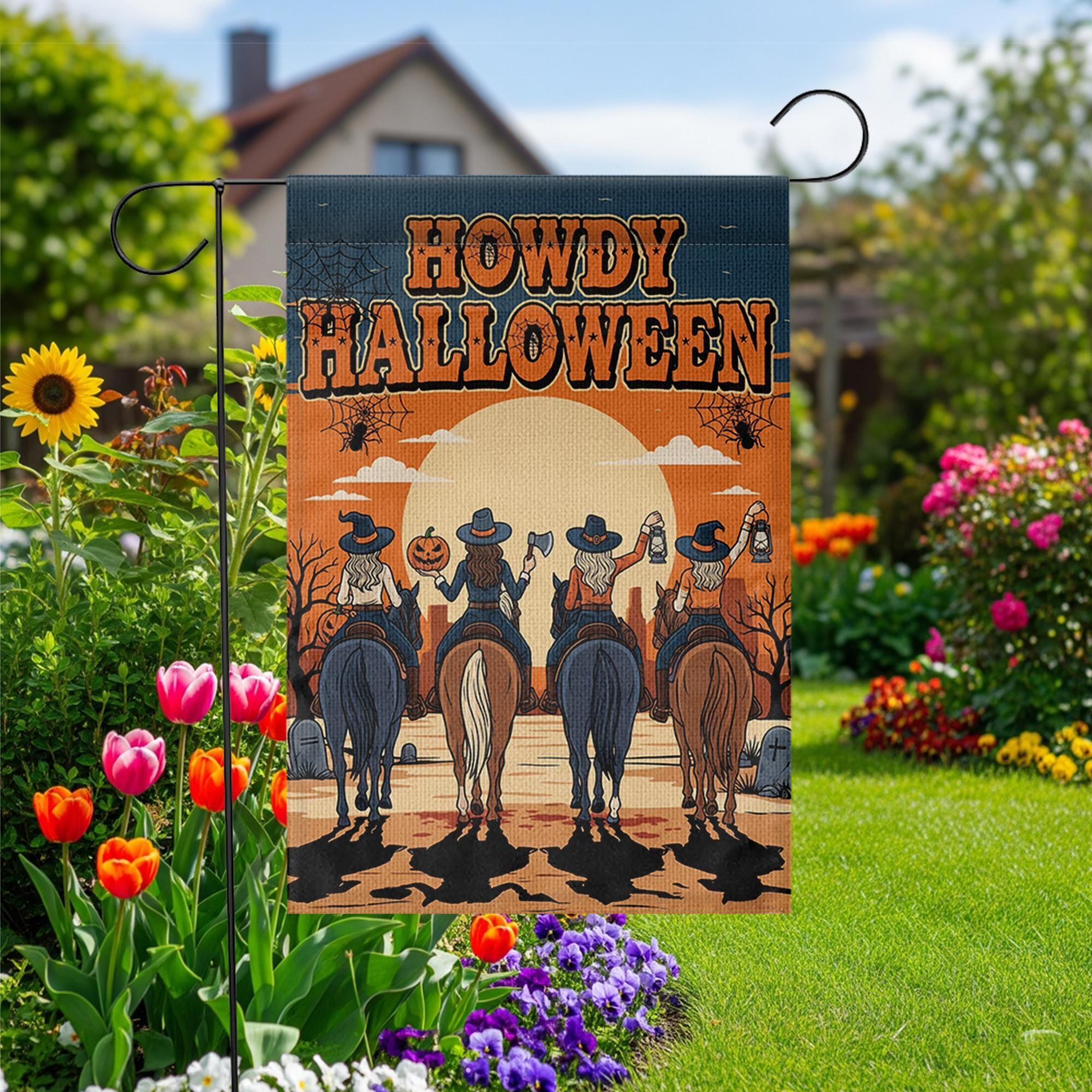 Howdy Halloween Garden Flag, Western Fall Outdoor Decor, Cowboy Witch Riding Horses Flag, Autumn Porch Decoration
