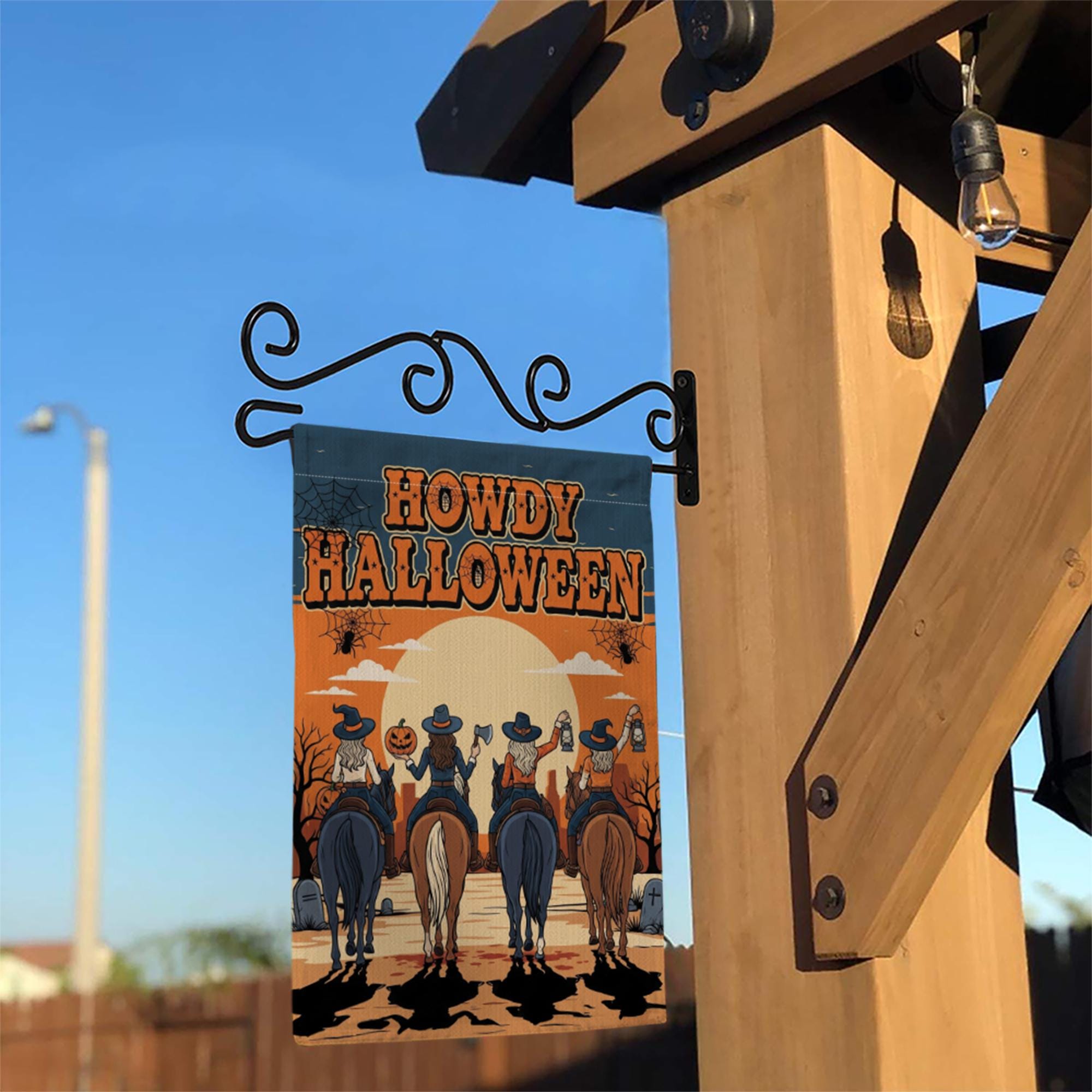 Howdy Halloween Garden Flag, Western Fall Outdoor Decor, Cowboy Witch Riding Horses Flag, Autumn Porch Decoration