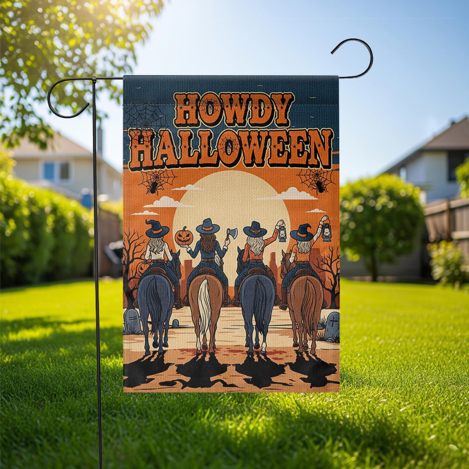 Howdy Halloween Garden Flag, Western Fall Outdoor Decor, Cowboy Witch Riding Horses Flag, Autumn Porch Decoration