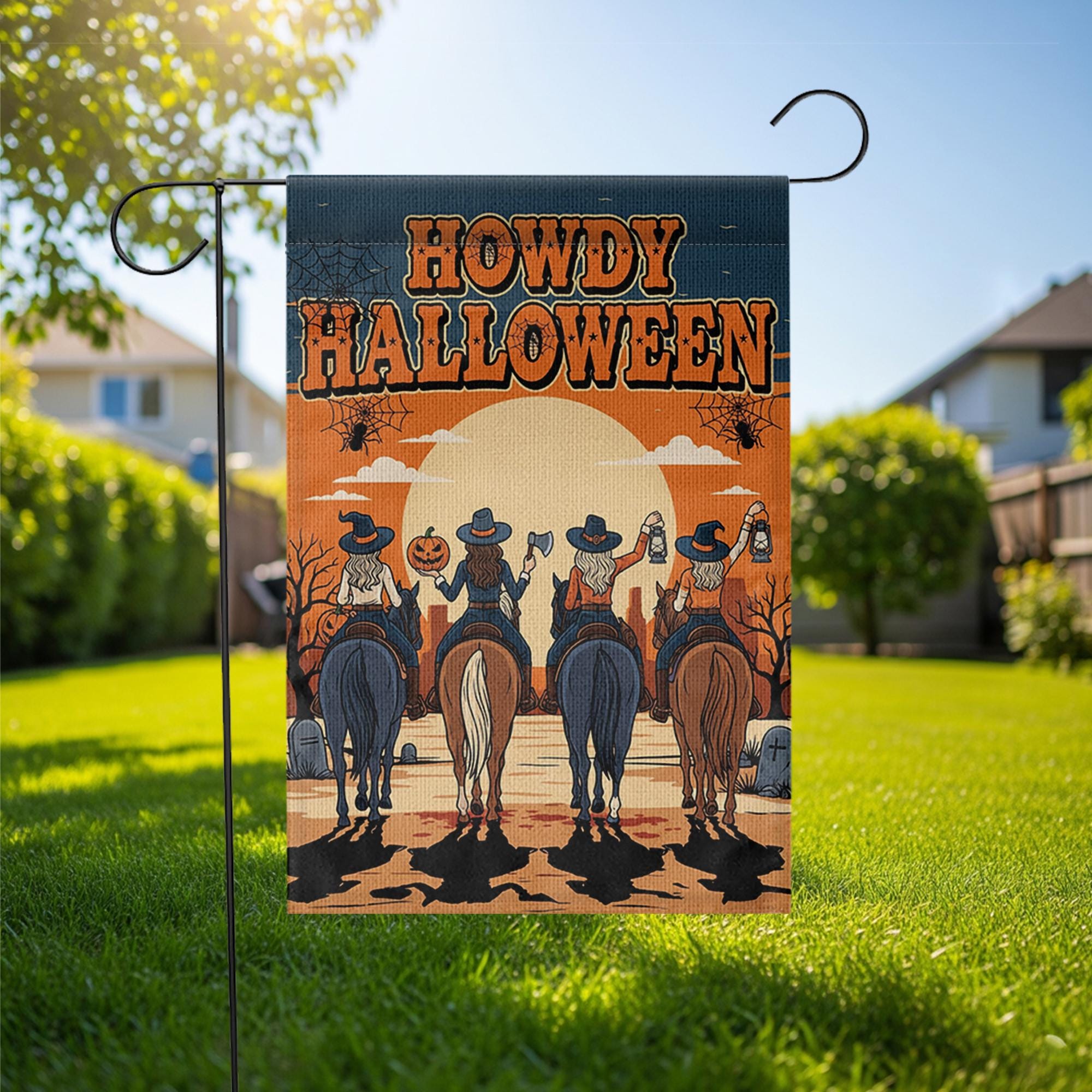 Howdy Halloween Garden Flag, Western Fall Outdoor Decor, Cowboy Witch Riding Horses Flag, Autumn Porch Decoration