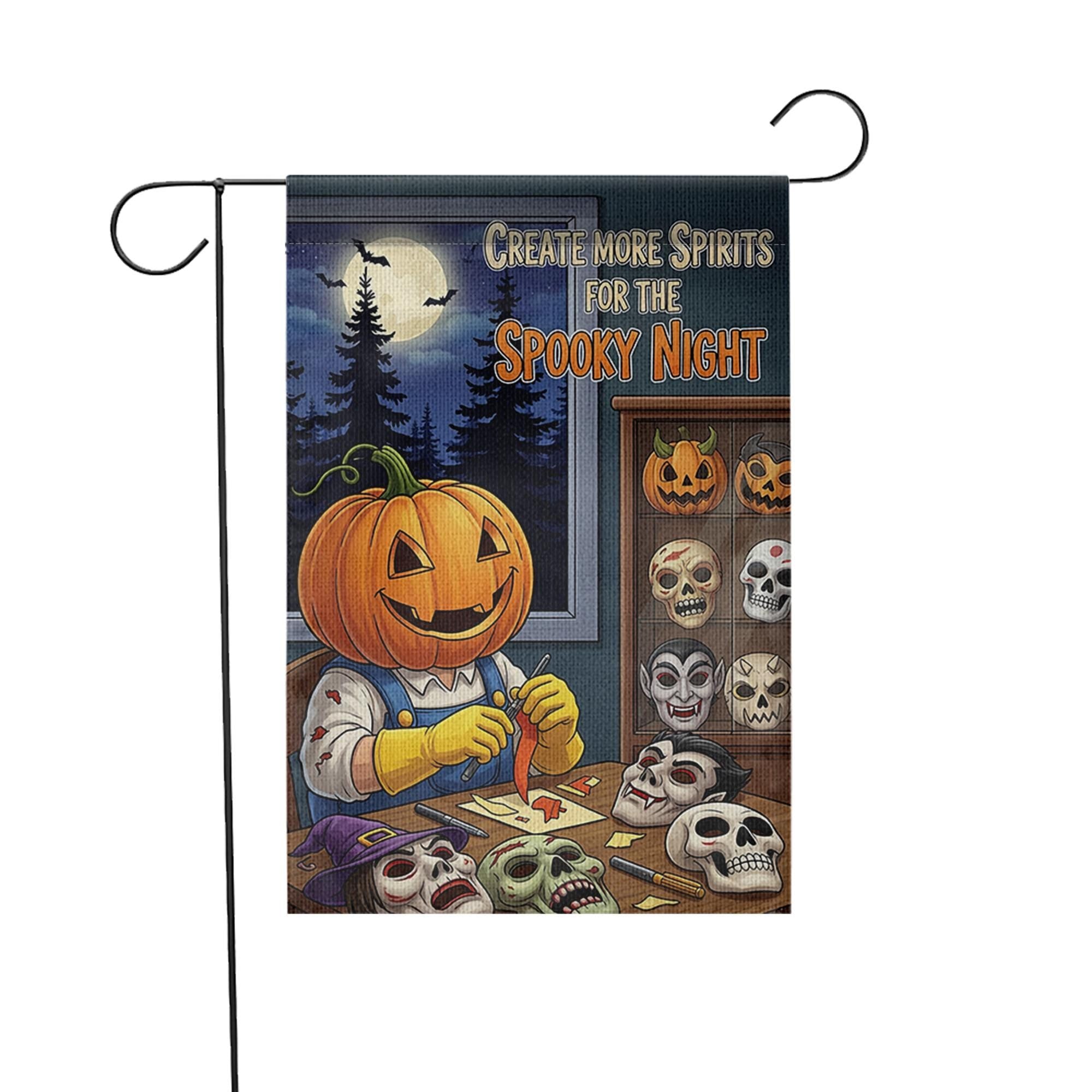Create Spirits Garden Flag, Pumpkin Carving Skeleton, Spooky Night Decor, Halloween Yard Art, Unique Outdoor Banner, Gothic Gift