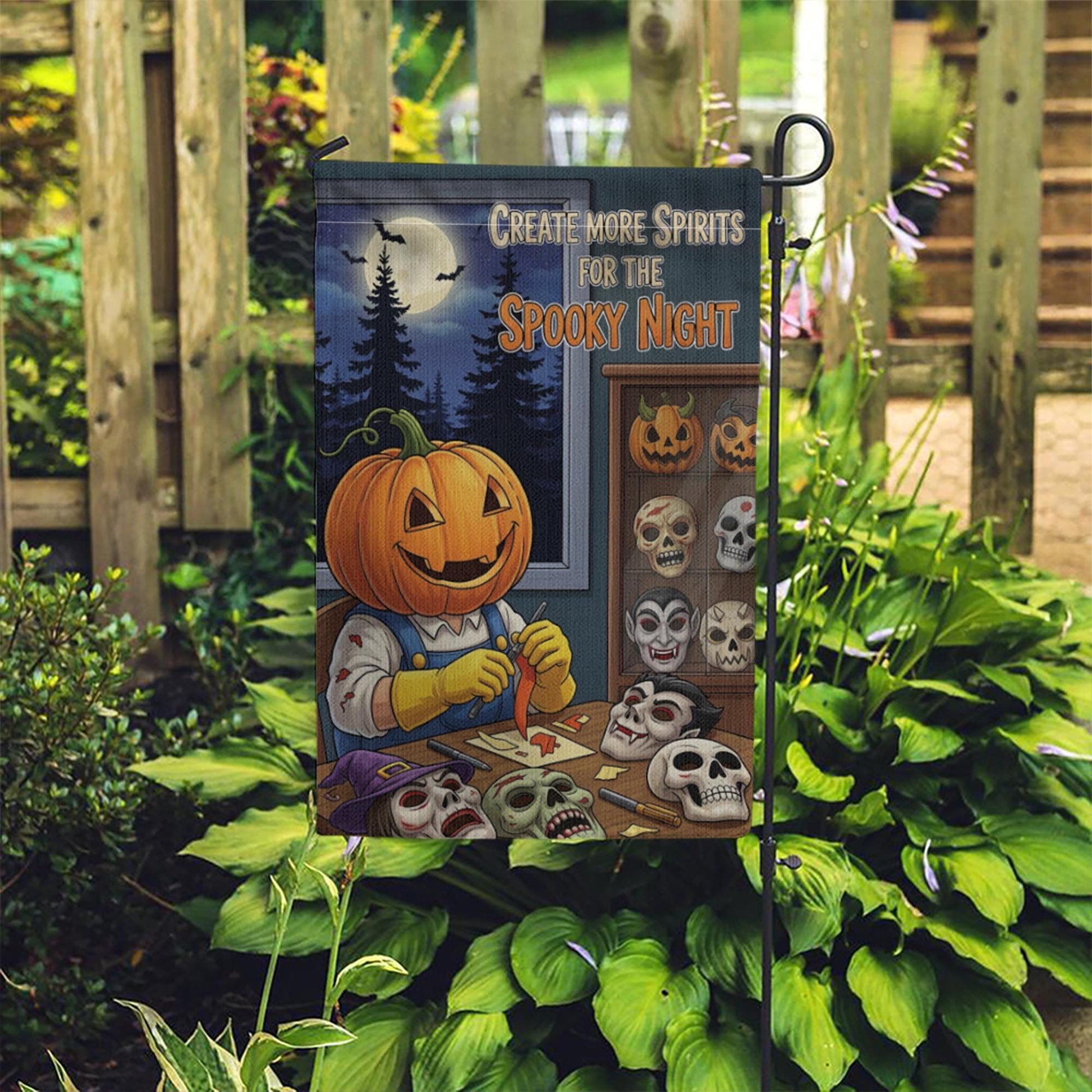 Create Spirits Garden Flag, Pumpkin Carving Skeleton, Spooky Night Decor, Halloween Yard Art, Unique Outdoor Banner, Gothic Gift