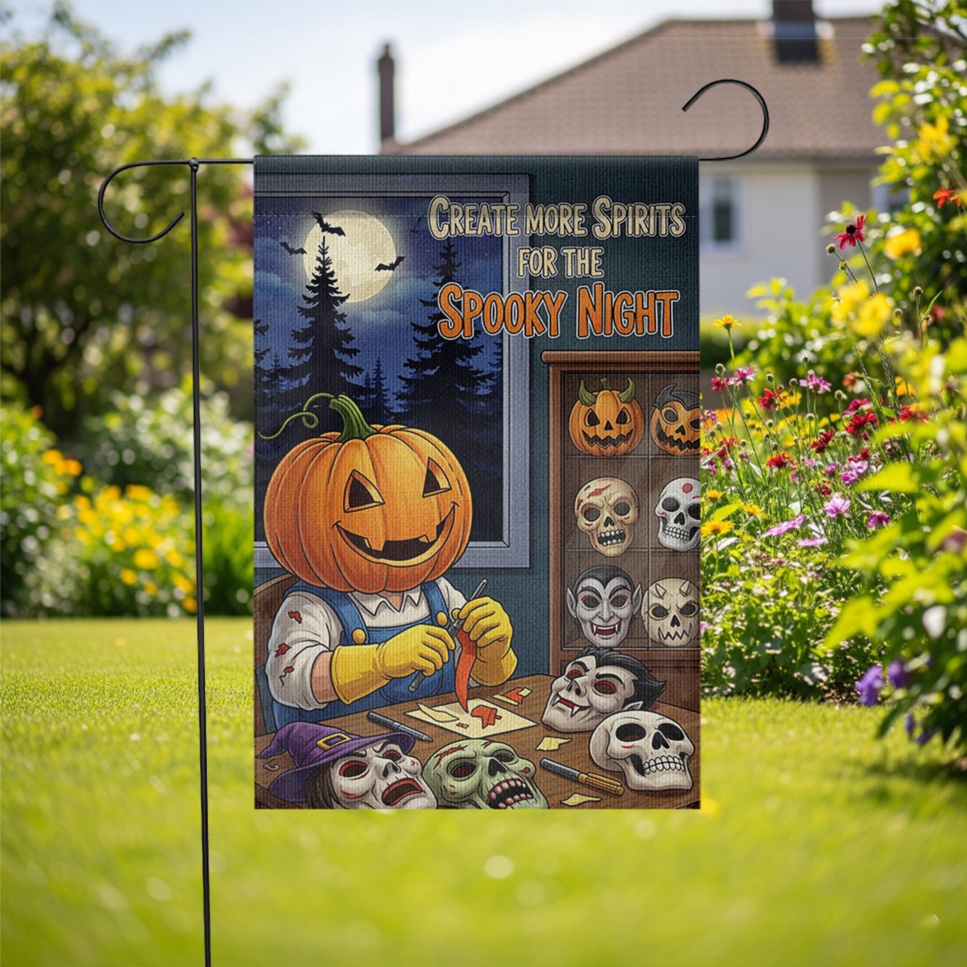 Create Spirits Garden Flag, Pumpkin Carving Skeleton, Spooky Night Decor, Halloween Yard Art, Unique Outdoor Banner, Gothic Gift