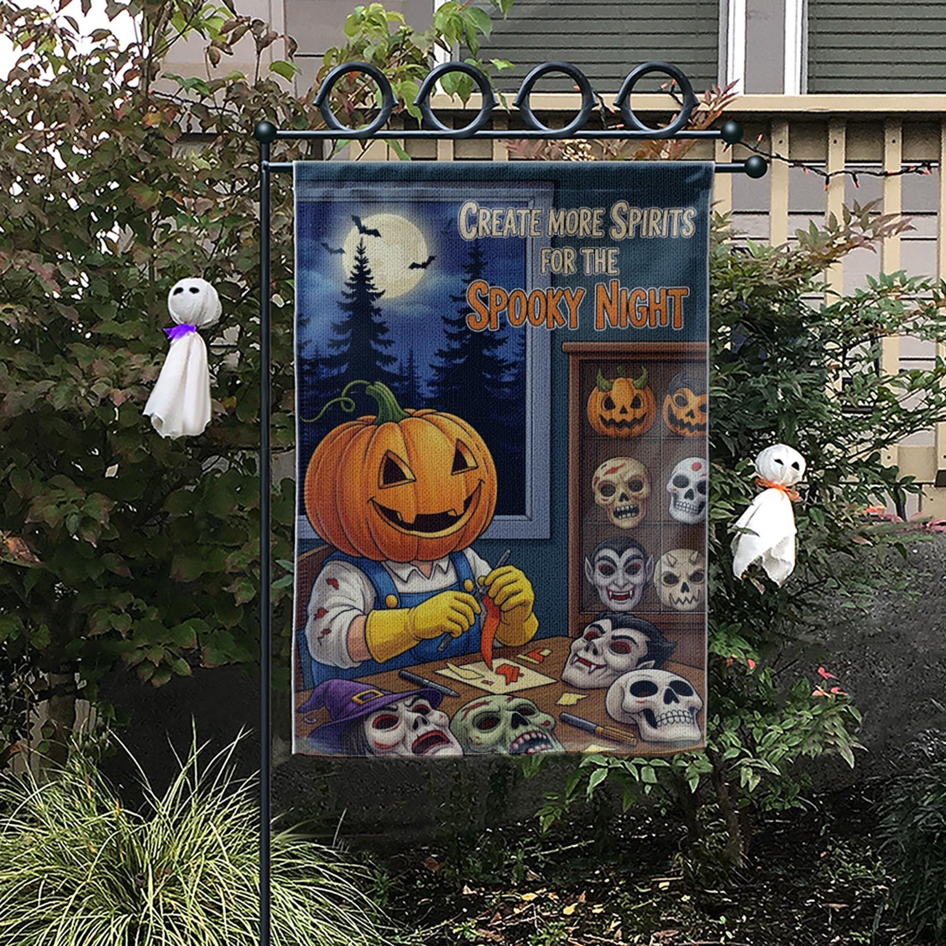 Create Spirits Garden Flag, Pumpkin Carving Skeleton, Spooky Night Decor, Halloween Yard Art, Unique Outdoor Banner, Gothic Gift